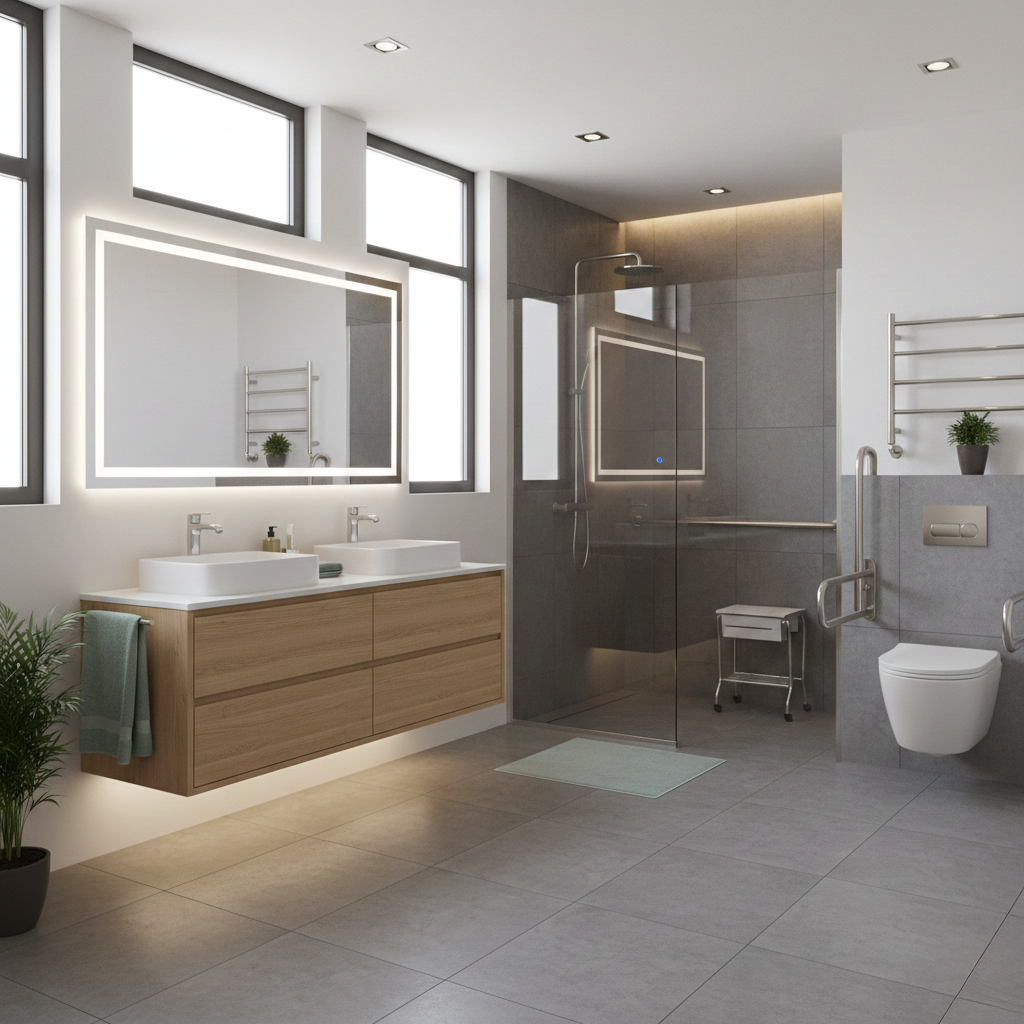 Modern bathroom with double sinks, a large illuminated mirror, a walk-in shower with glass partition, a wall-mounted toilet, and minimalistic decor including potted plants and towels.