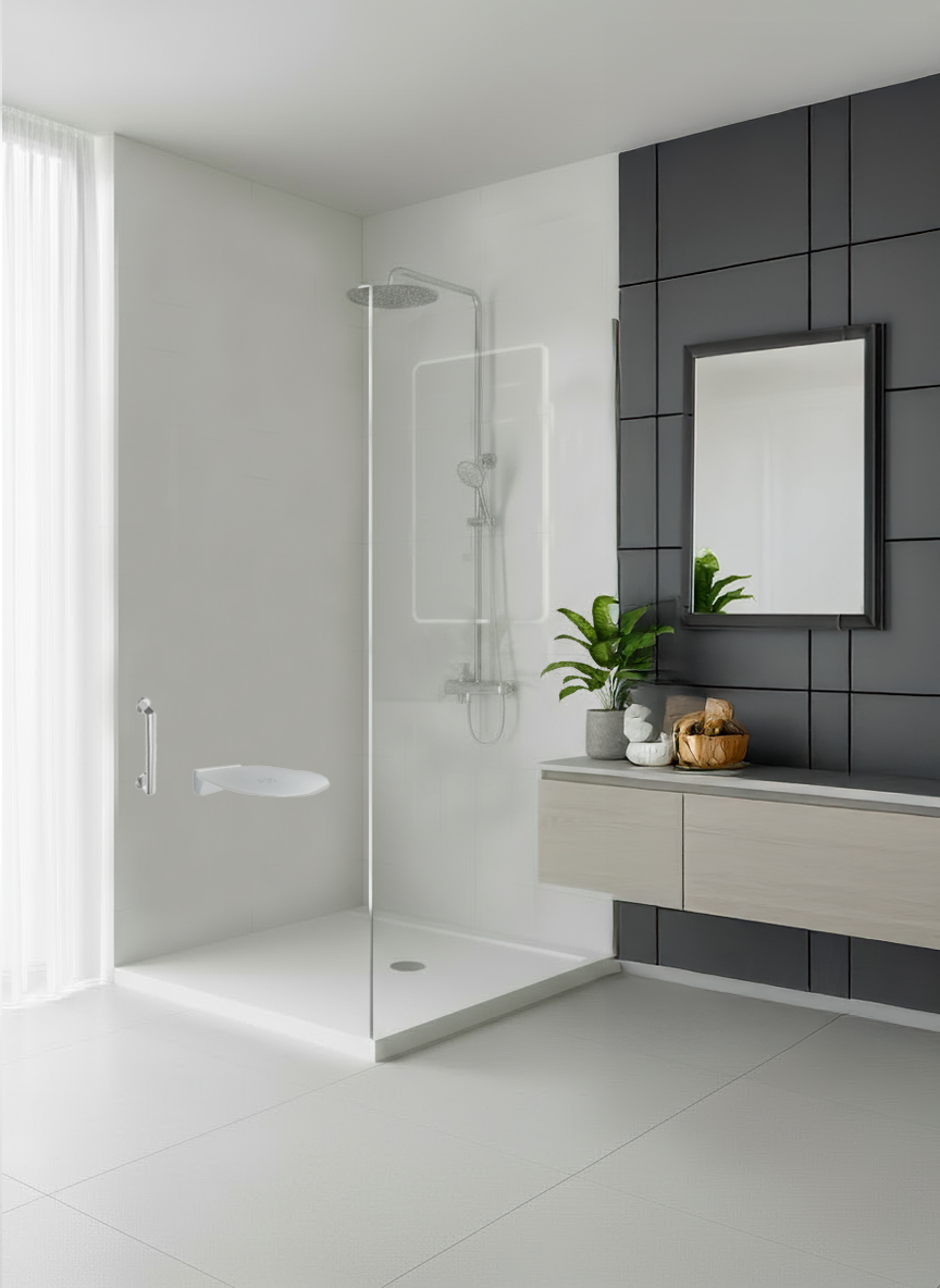 Levensloopbestendige badkamer met douchezitje en veilige, comfortabele inloopdouche van Comfort-Bad