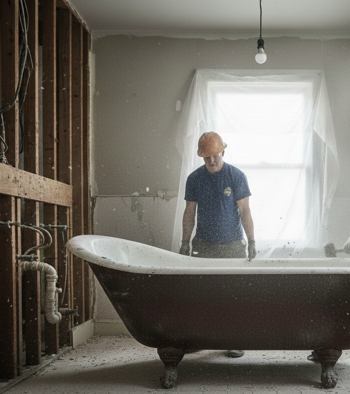 Badkamerrenovatie door Comfort-Bad – werkman verwijdert oud bad voor inloopdouche of instapbad