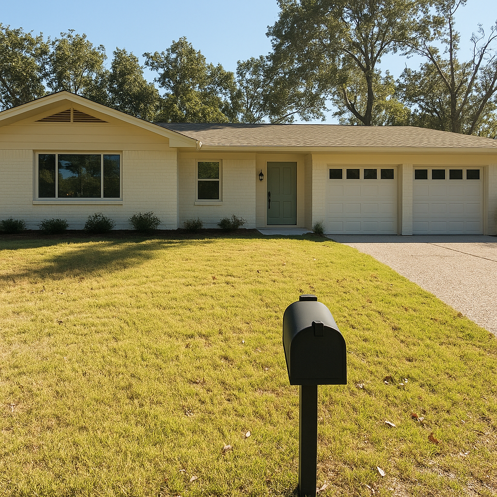 Front view of a single-story house with a green door, attached garage, large window, and a mailbox in the yard, under a clear blue sky.