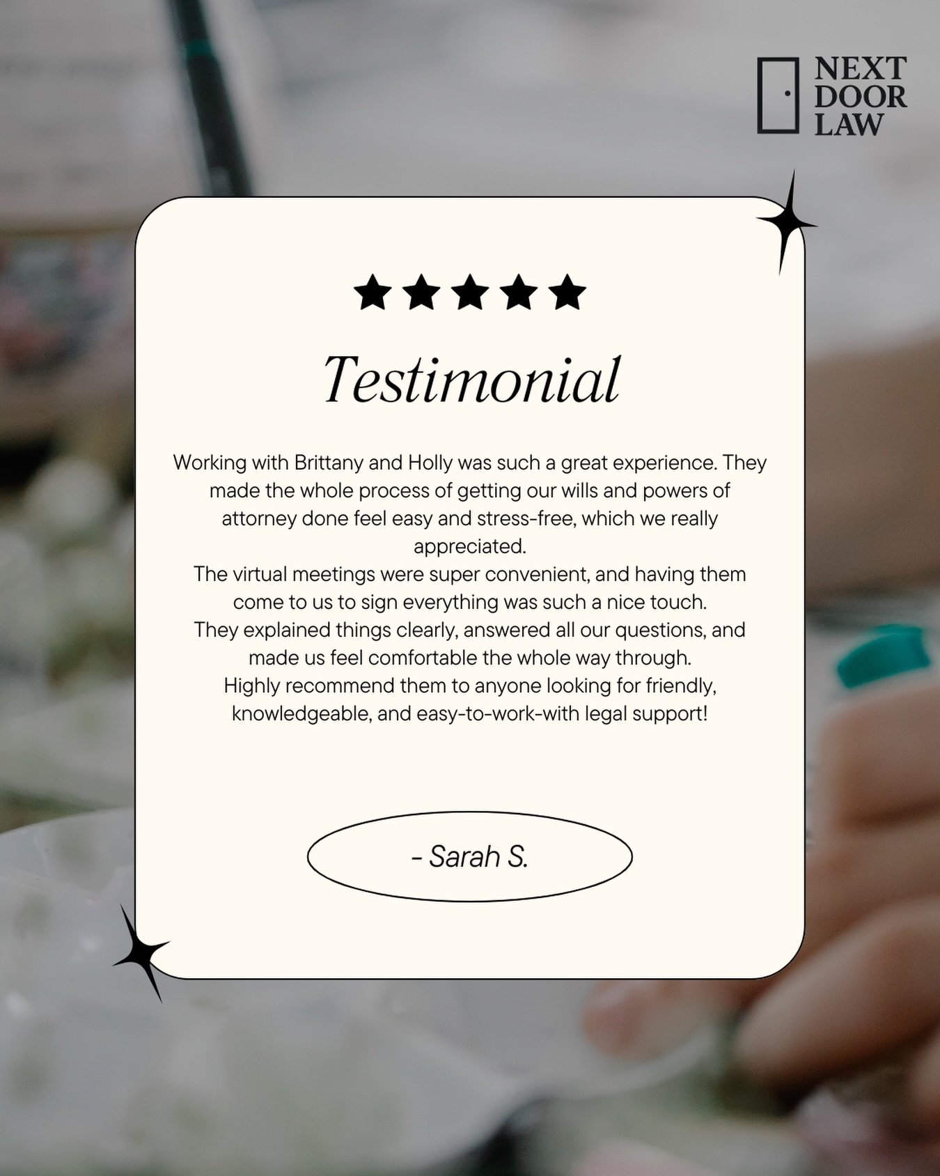 At Next Door Law, we believe legal services should feel approachable, clear, and genuinely supportive from start to finish.

We&rsquo;re honoured to help individuals and families navigate important life decisions with confidence &mdash; whether throu