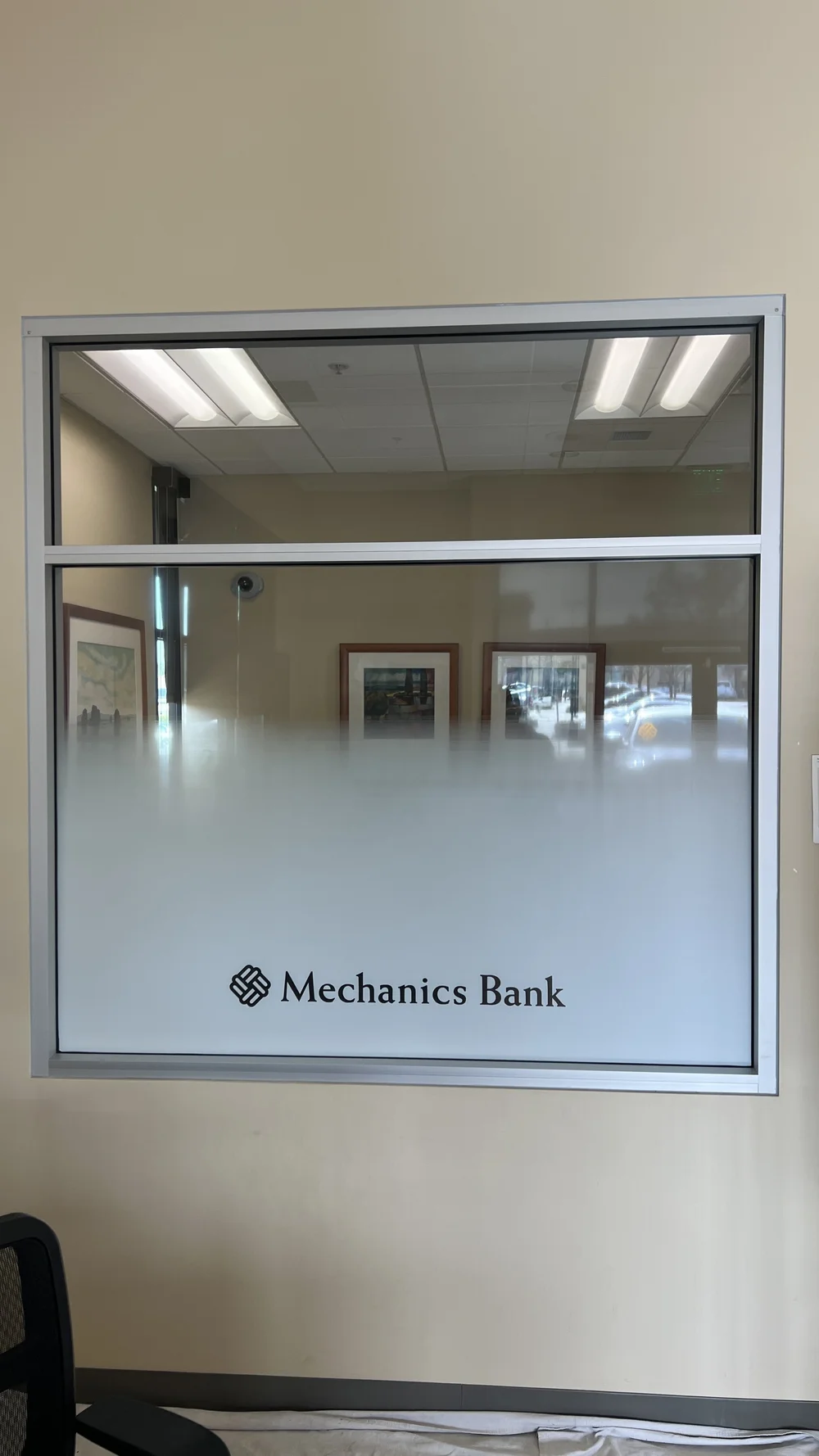 Frosted film with logo at Mechanics Bank