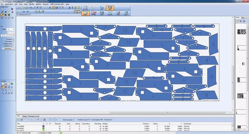 Screenshot of a CAD software interface displaying a blue sheet with multiple numbered metal parts and cutouts, used for manufacturing or assembly.