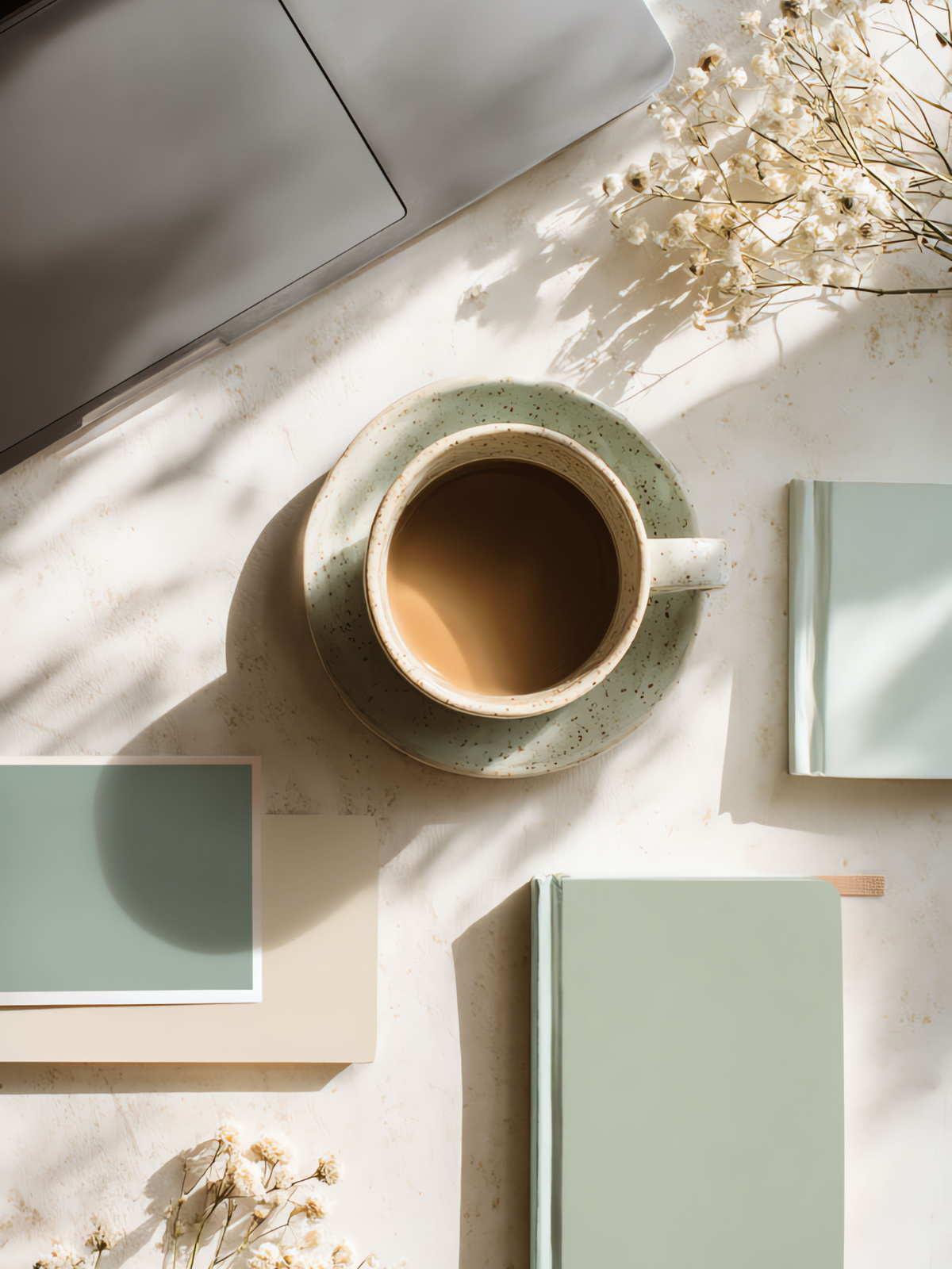 A top-down photo of a beige marble table with a cup of coffee on a speckled green saucer, surrounded by a closed mint-green notebook, a light mint-green binder, a photo print, a silver laptop, and a small bunch of dried white flowers, all illuminated by natural sunlight.