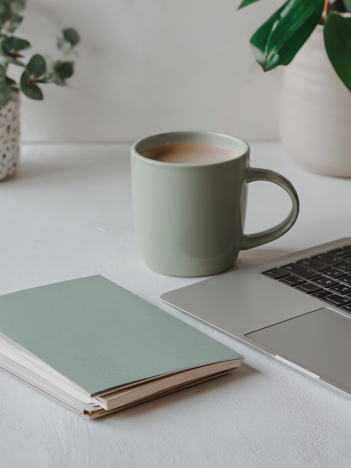 Office desk with a closed notebook, a laptop, and a mug of coffee or tea, with plants in the background.