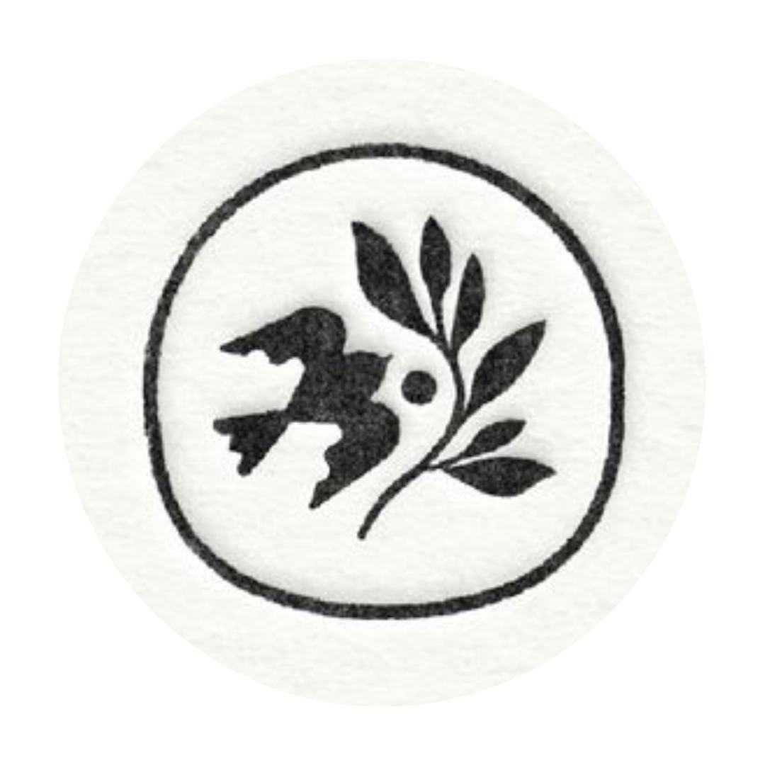 A black and white logo featuring a bird with outstretched wings and a small circle, standing next to a branch with leaves inside a rounded square.