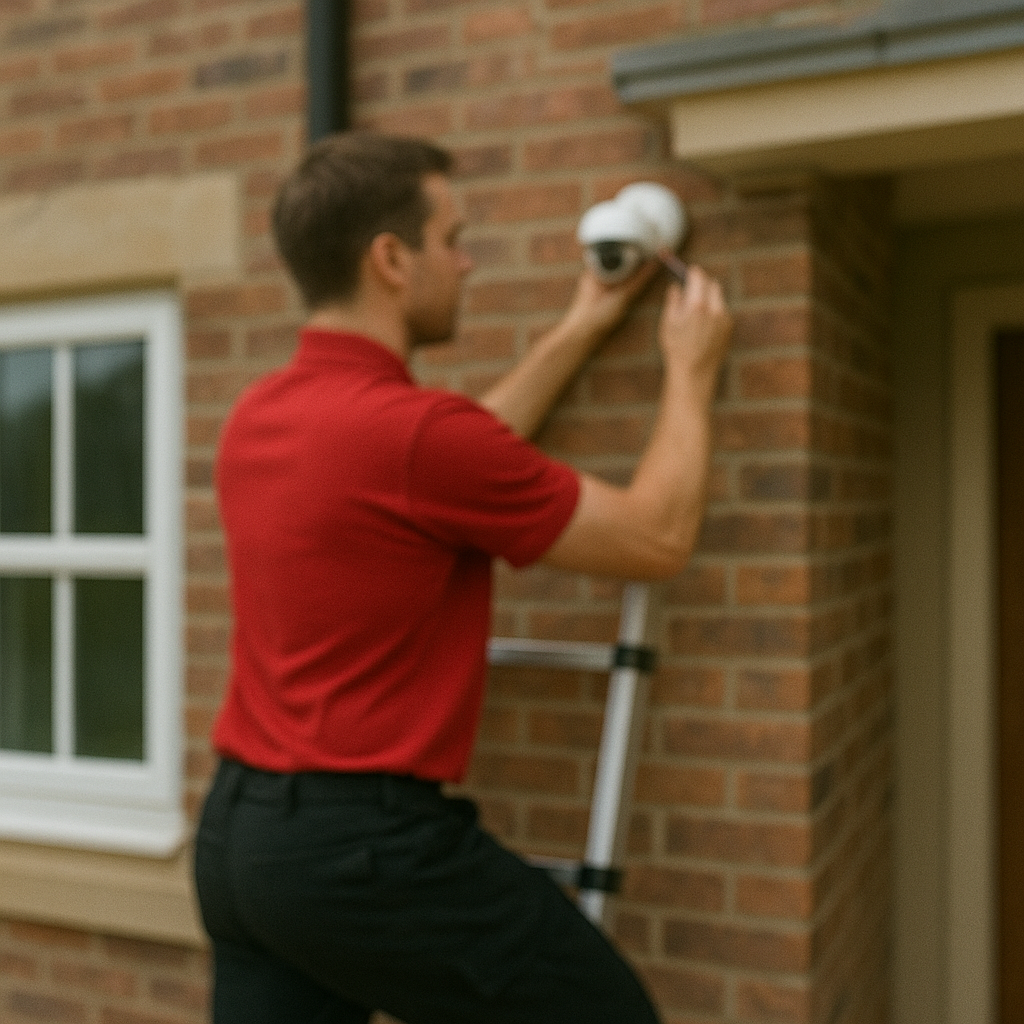 A technician installing a security camera on the exterior brick wall of a house.