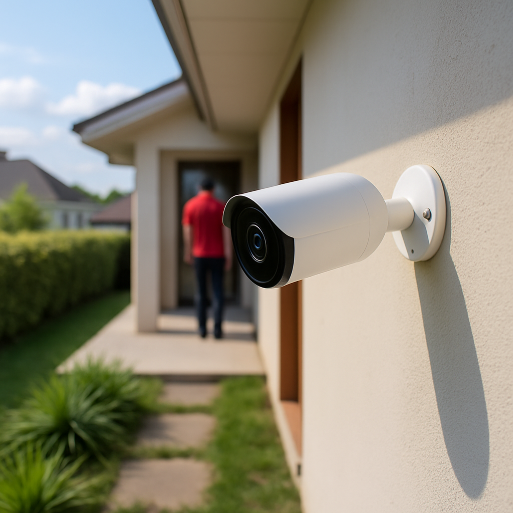 Security camera mounted on the exterior wall of a house, overlooking a person at the front porch.