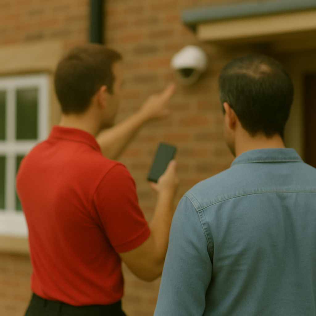 Two men standing outdoors near a brick wall, with one pointing at a security camera while the other holds a smartphone.