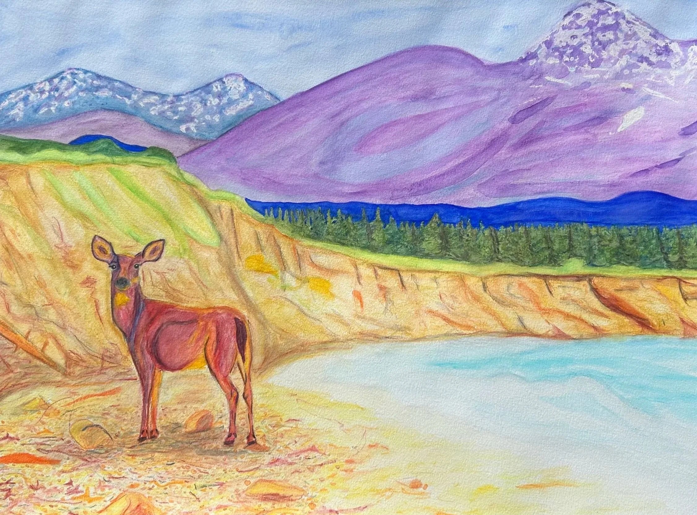 Expressionist Deer, Dungeness Wildlife Refuge, 2025 watercolor painting