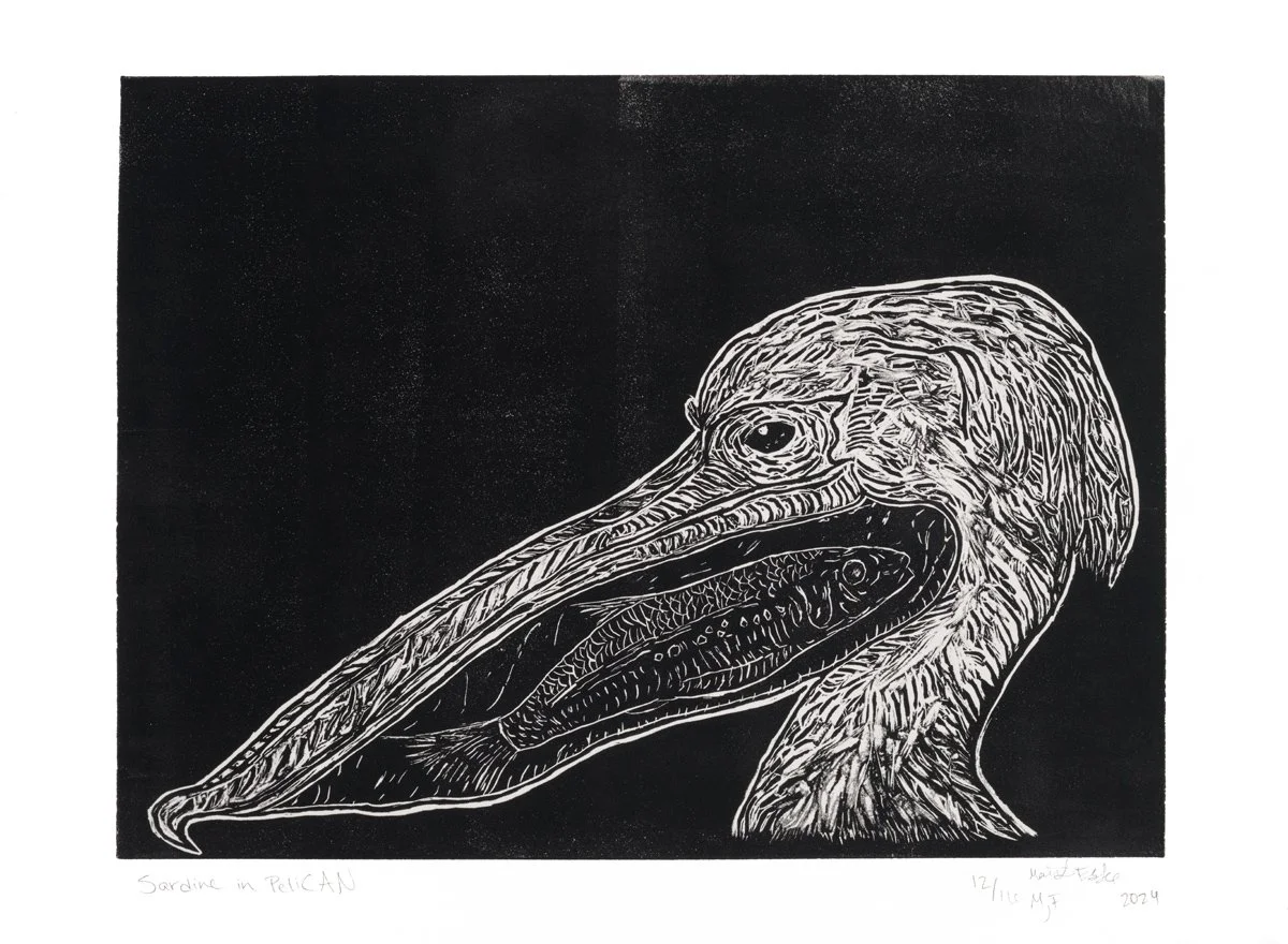 "Sardine in PeliCAN" - Linocut Print - Edition of 16.
Pelican's often eat sardines, thus my playful view of Pelican' eating sardines.