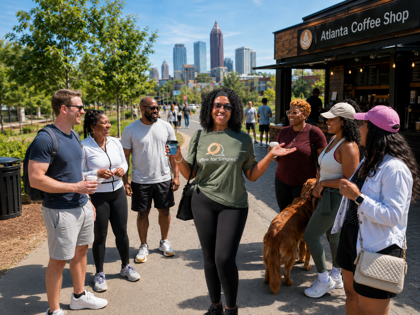 Group of diverse people socializing outdoors near Atlanta Coffee Shop with a city skyline in the background, some holding coffee cups and a woman in the center wears a green shirt with "Coffee for Singles".
