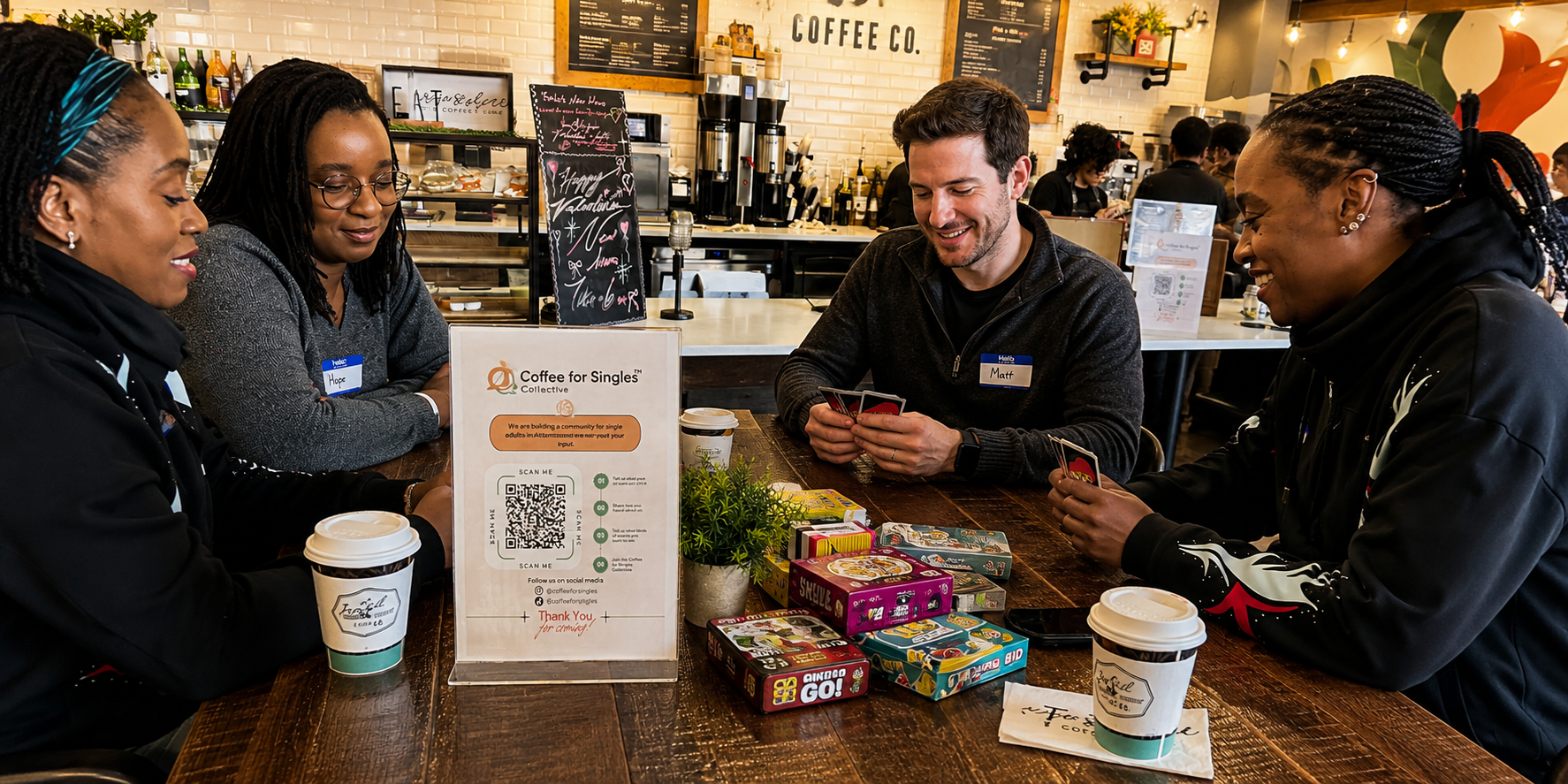Four women and one man sitting around a wooden table in a coffee shop playing a card game. The table has a sign about building a community for singles, some board games, and coffee cups. The coffee shop has a white brick wall, hanging lights, and coffee equipment in the background.