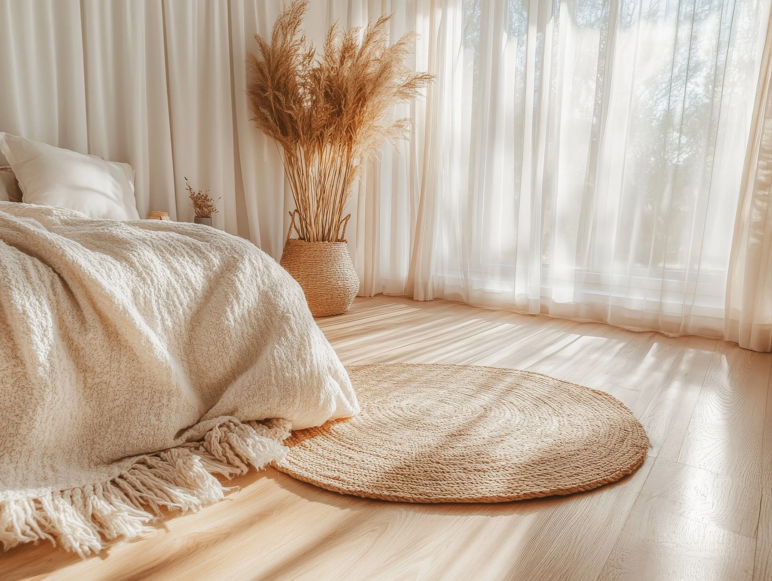 A cozy bedroom with a bed covered in a beige blanket, a round woven rug on light wooden flooring, large window with sheer white curtains, and a decorative vase with tall dried pampas grass.