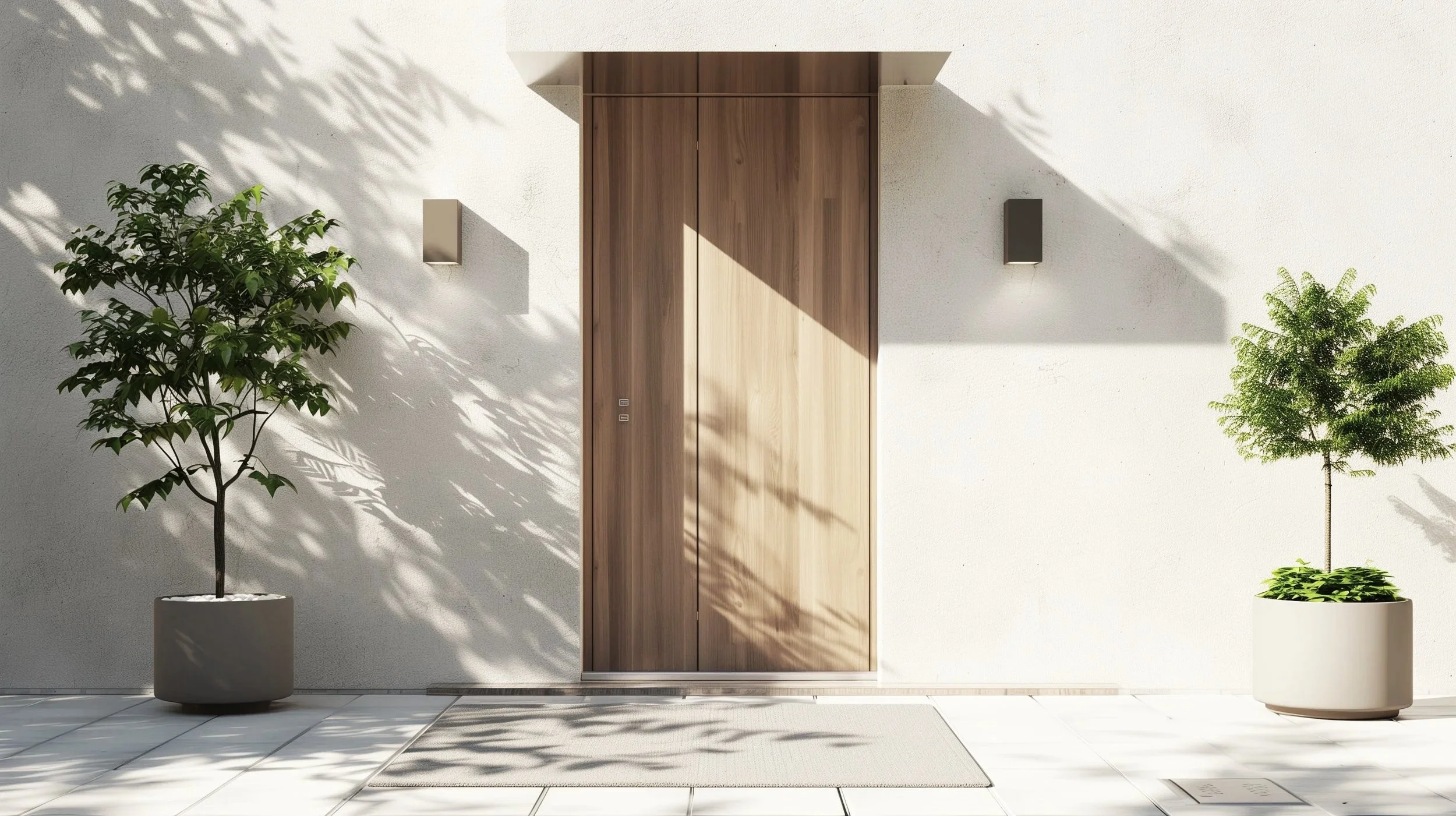 Modern wooden front door with two potted trees on either side, shadows cast on the white textured wall, and outdoor lighting fixtures.