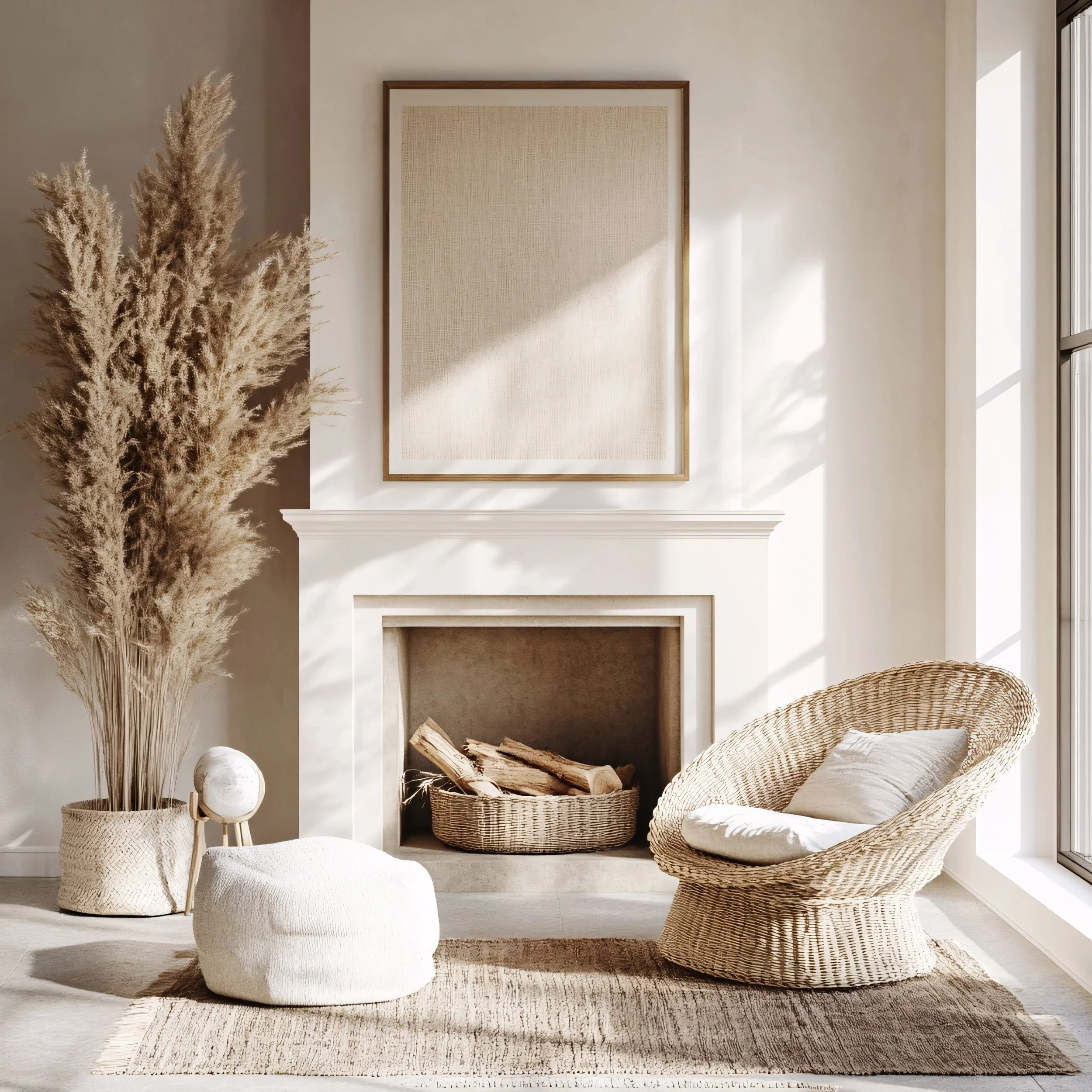 A cozy living room corner with a white fireplace, beige woven chair with a cushion, a white pouf, a large basket of logs, a tall arrangement of pampas grass in a woven basket, a beige rug, and sunlight streaming through a nearby window.