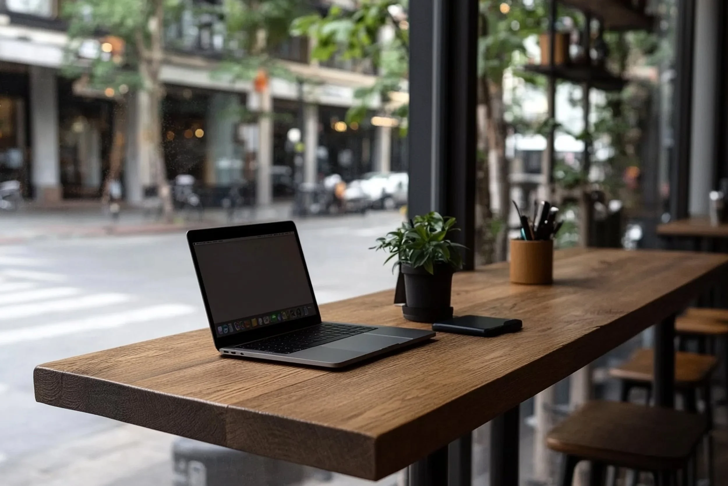 Interior of a coffee shop or café with a wooden table by the window, a laptop, a potted plant, and a container with pens. Outside the window, a city street with trees, parked cars, and buildings is visible.