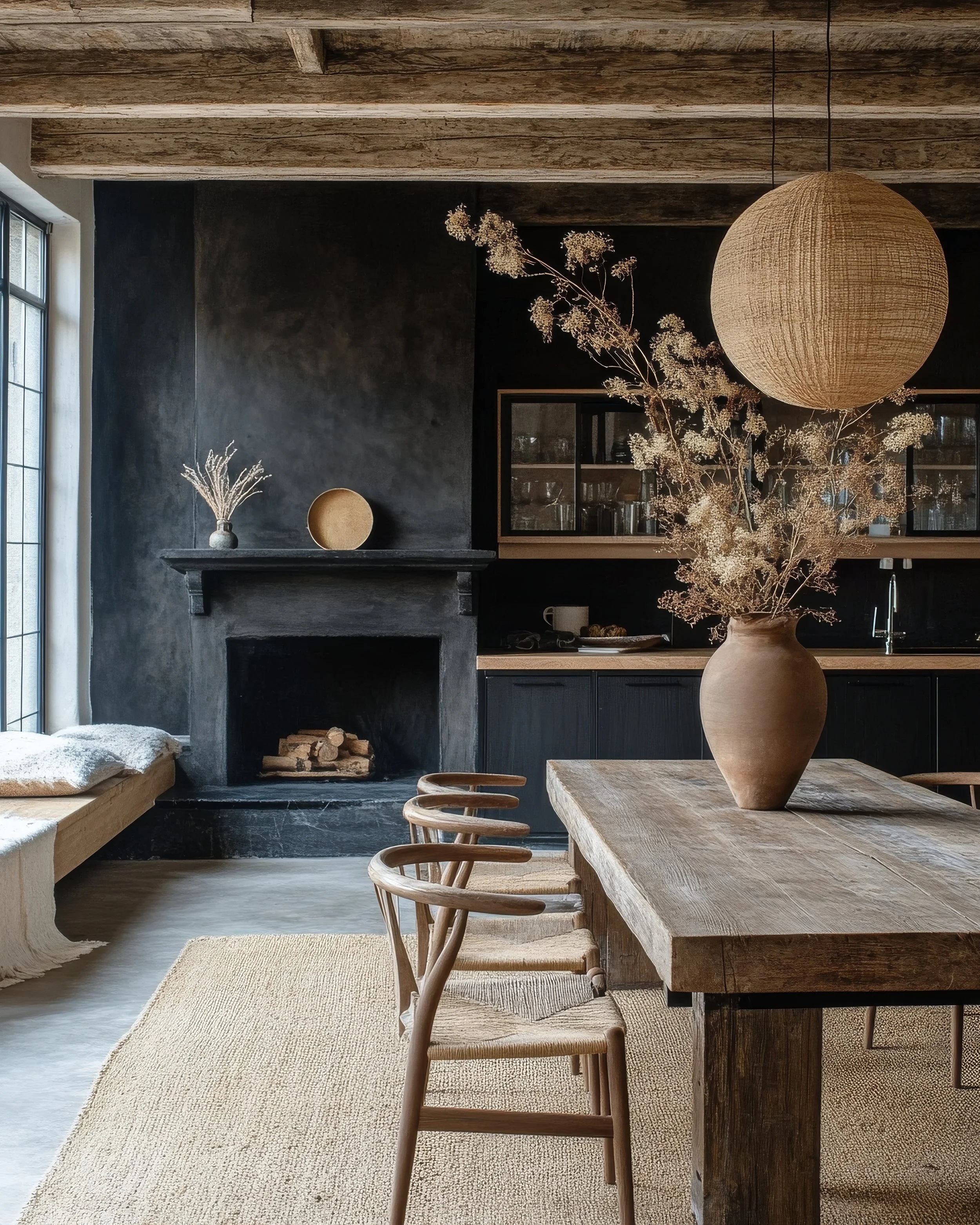Rustic dining room with wooden table, wicker chairs, large vase with dried flowers, black fireplace, and natural yarn pendant light.