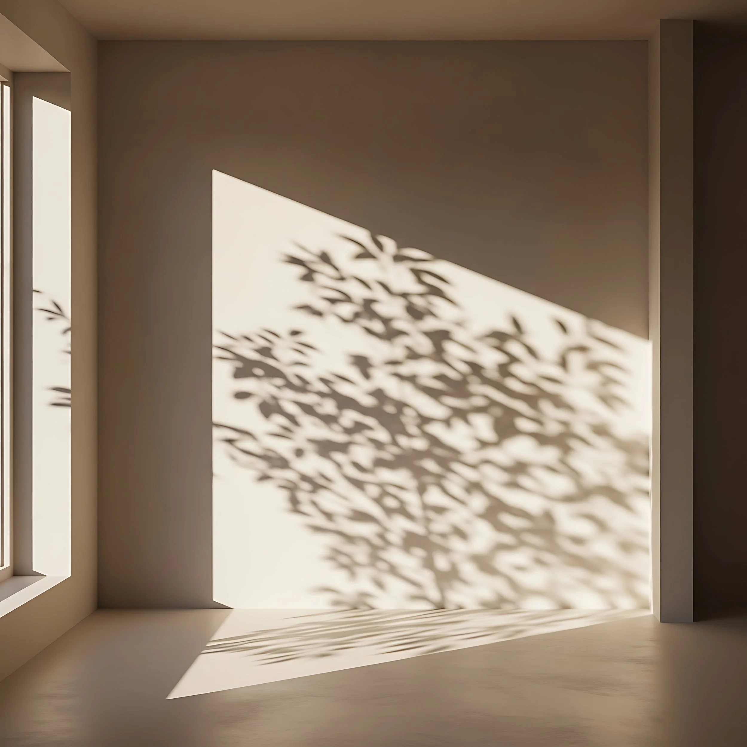 Sunlight casting a shadow of a plant with leaves on a beige wall inside a room.