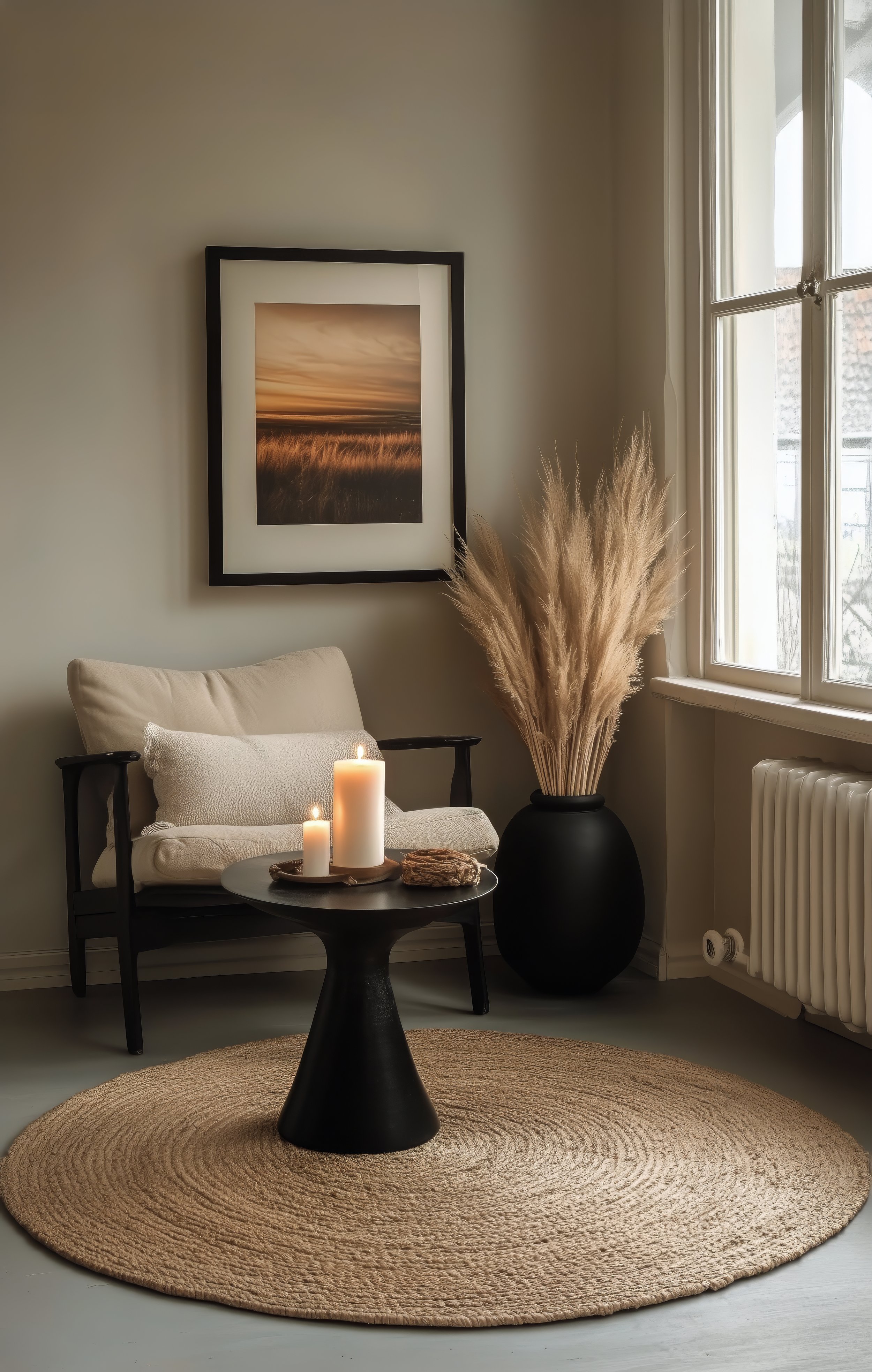A cozy corner with a beige armchair, lit candles on a black round table, a large black vase with pampas grass, a landscape photograph of a sunset over grass, a round woven rug, and a window with white framing.