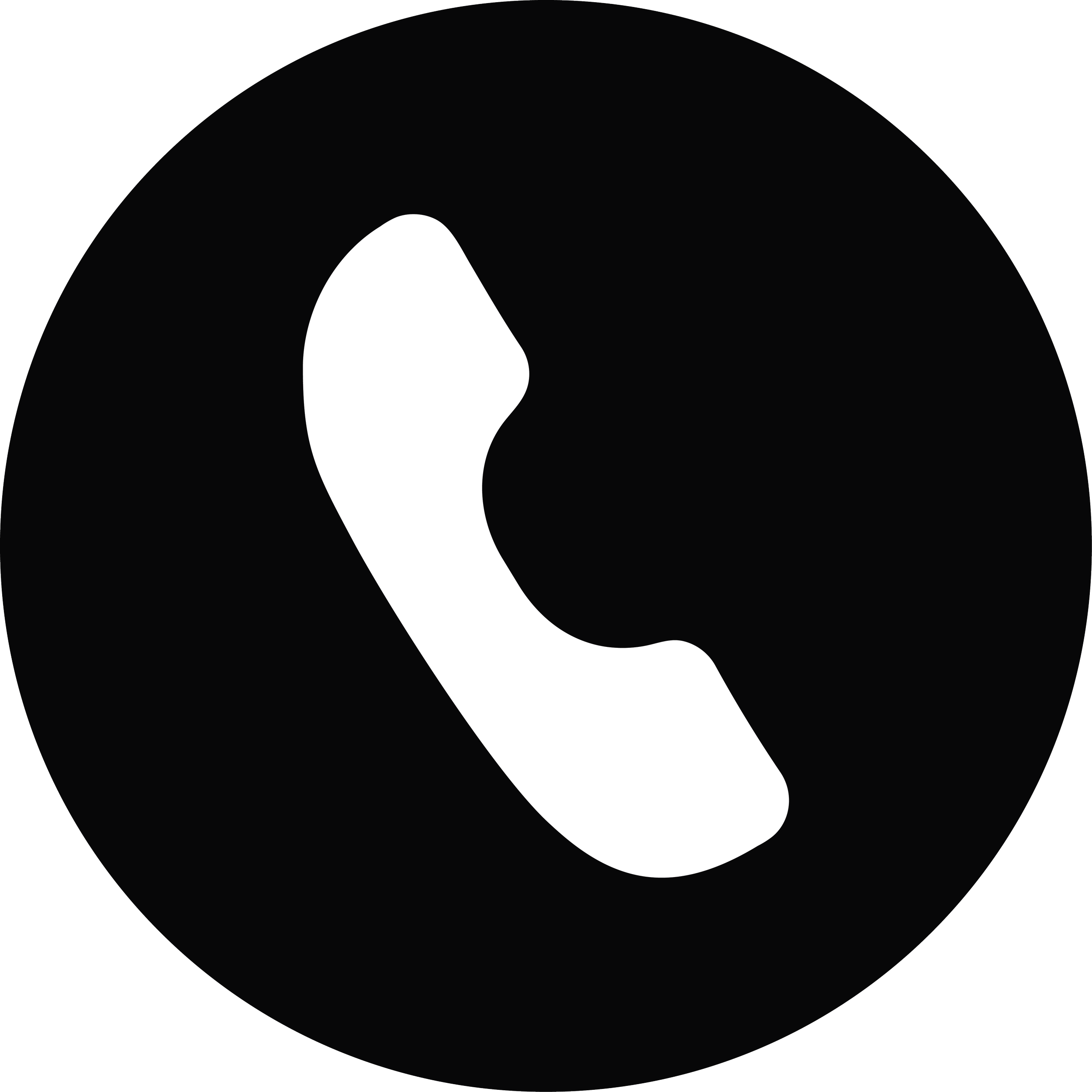 Icon of a telephone receiver in white on a black circular background.