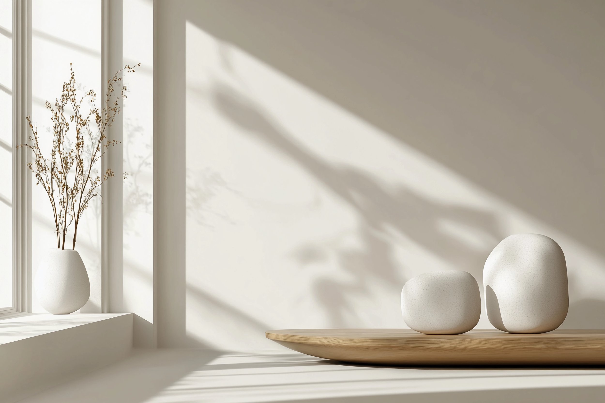Decorative arrangement with a white vase containing dried branches on a windowsill and two white ceramic vases on a wooden tray inside a bright, minimalist room.