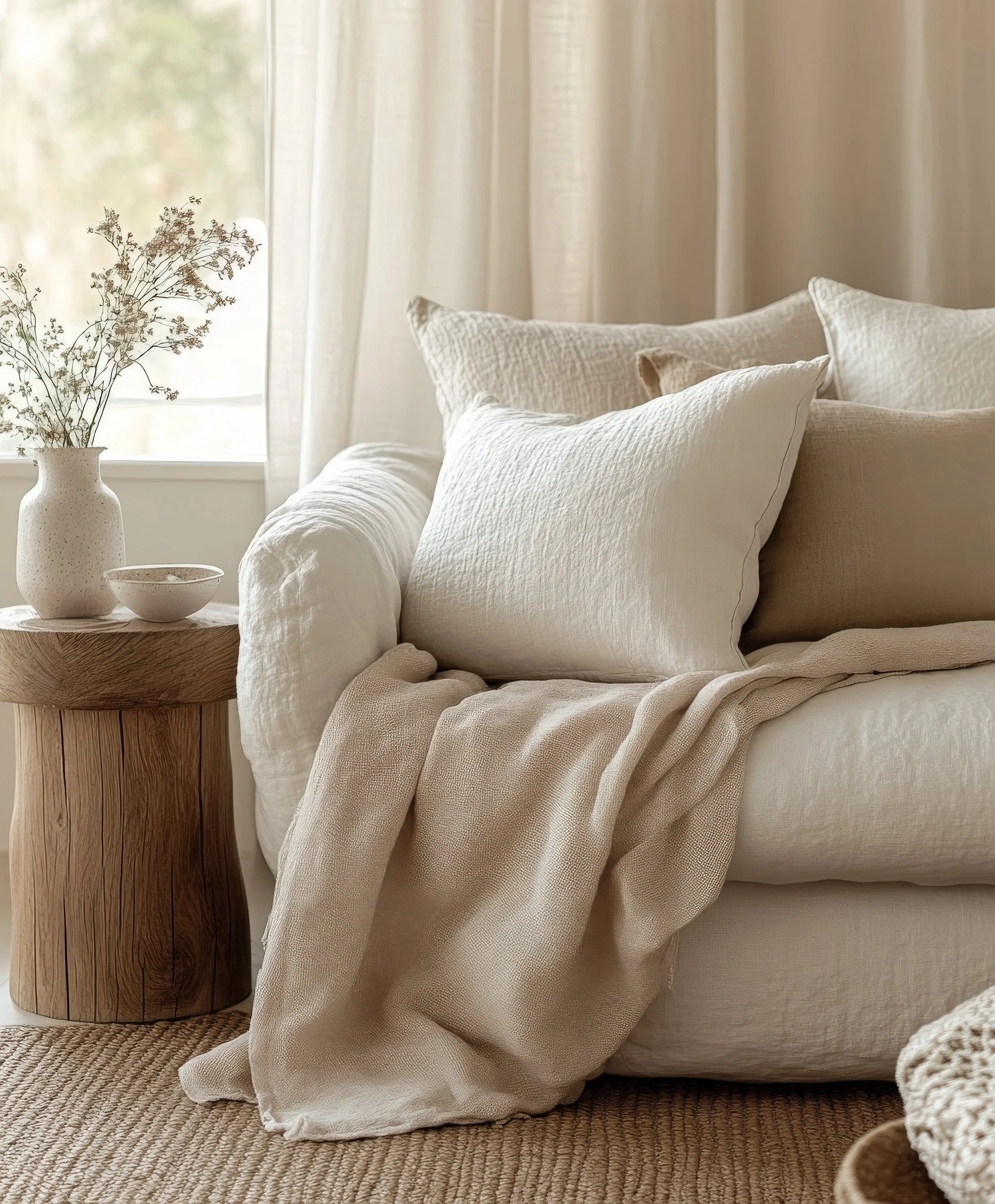 A cozy living room corner with a white sofa, beige pillows, and a cream throw blanket. Next to the sofa is a wooden side table with a white vase of dried flowers and a small bowl. Sheer curtains and a window with sunlight filtering through are in the background.