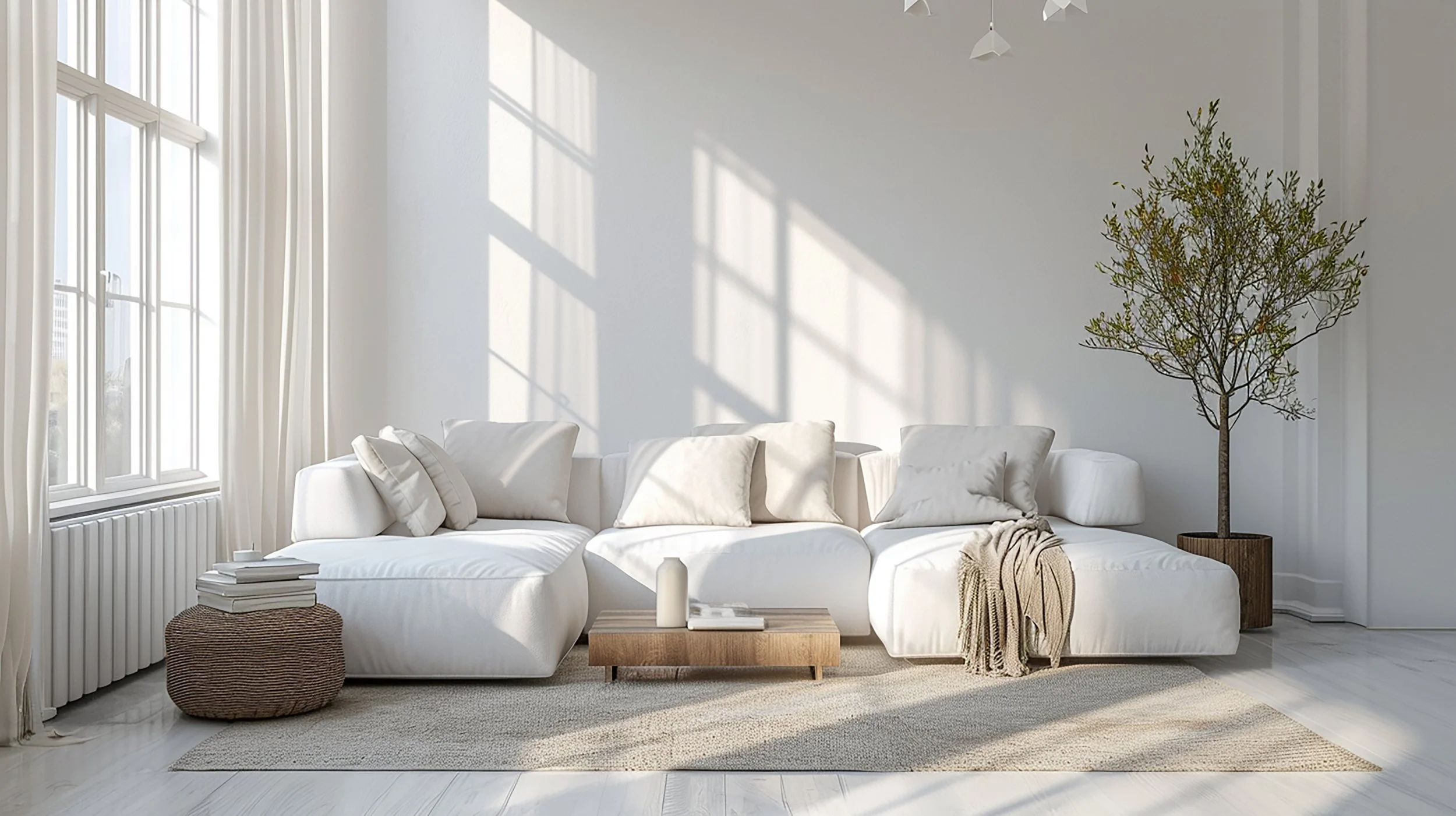 Bright living room with large windows, white sofa with pillows, wooden coffee table, woven pouf, beige rug, and potted tree in a corner.