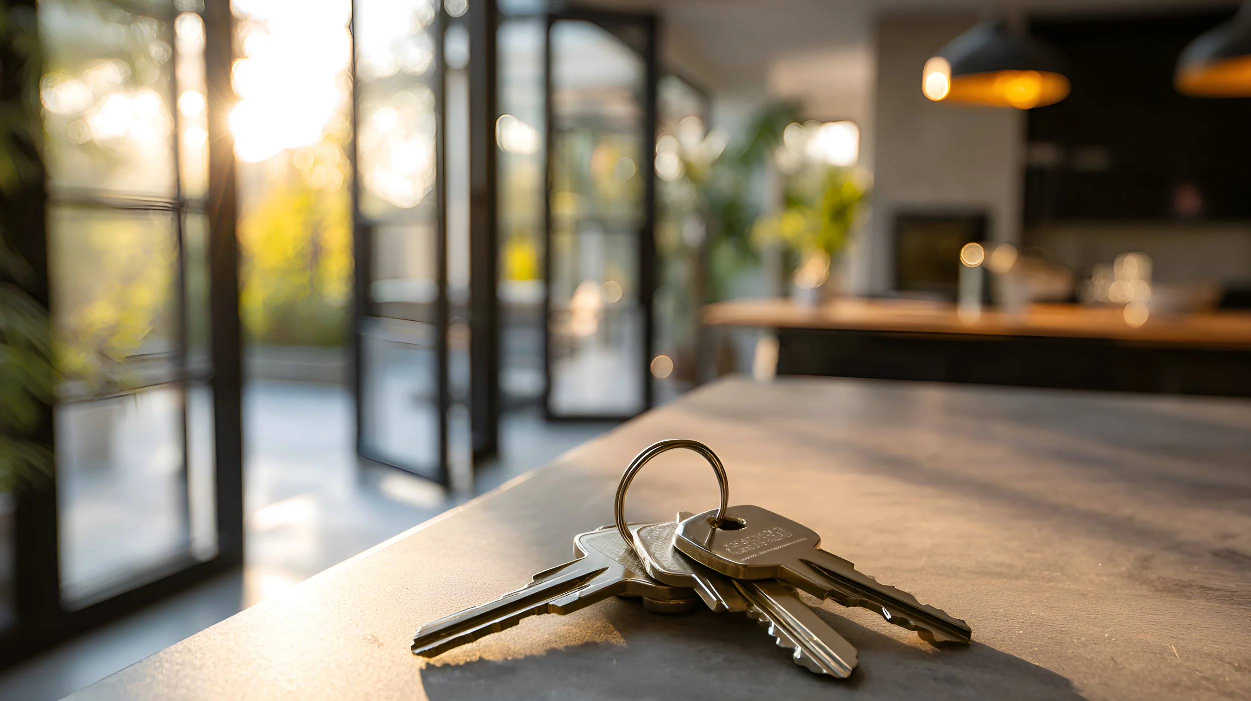 Set of keys on a table in a modern room with large windows and natural light.