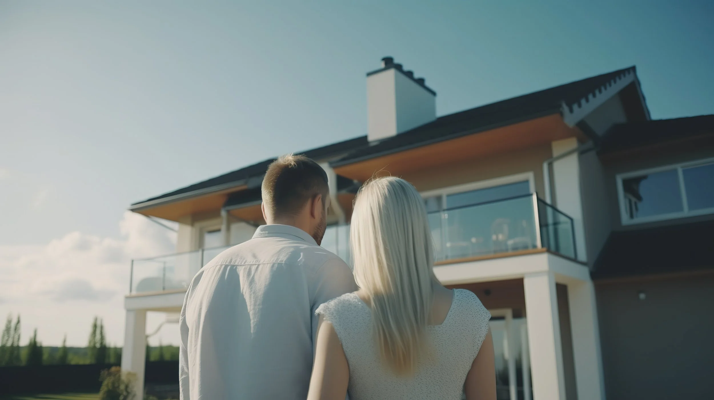 A couple stands in front of a modern house with a balcony, looking away from the camera.