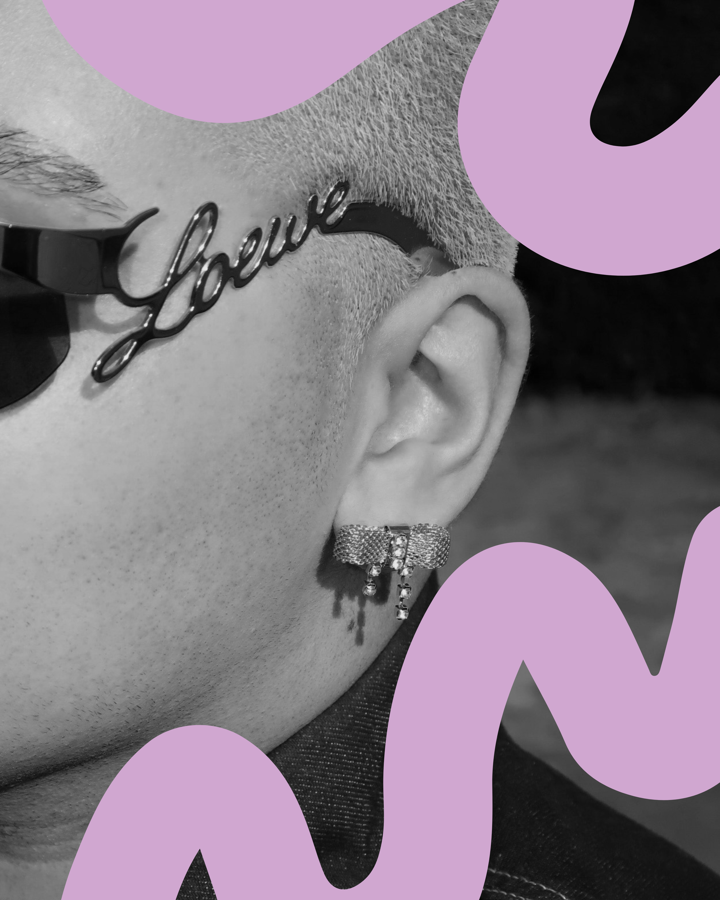 Close-up portrait detail with statement sunglasses and earrings, styled in a creative editorial setting