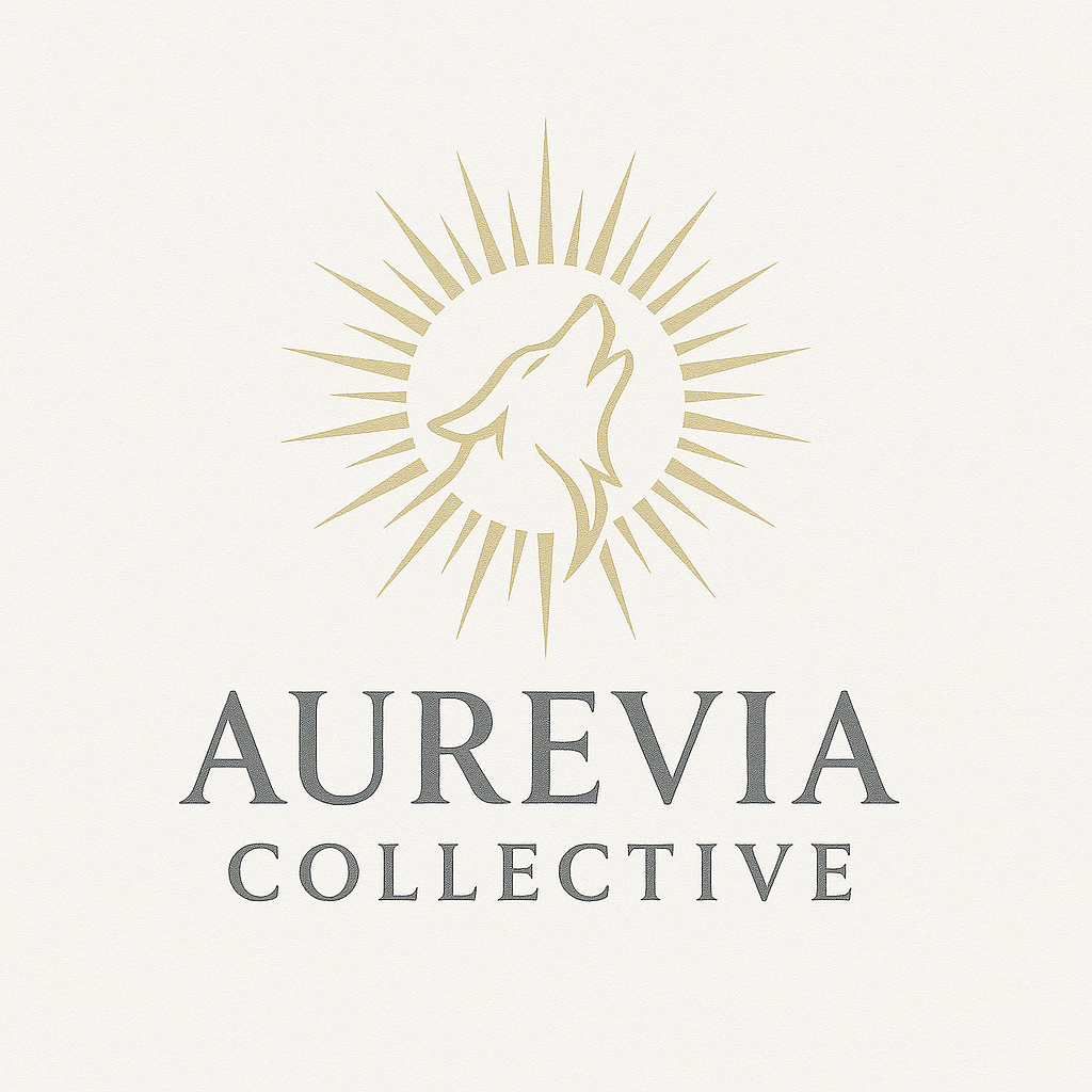 A logo with a wolf howling inside a circle, surrounded by radiating lines, and the text 'Aurevia Collective' beneath it.