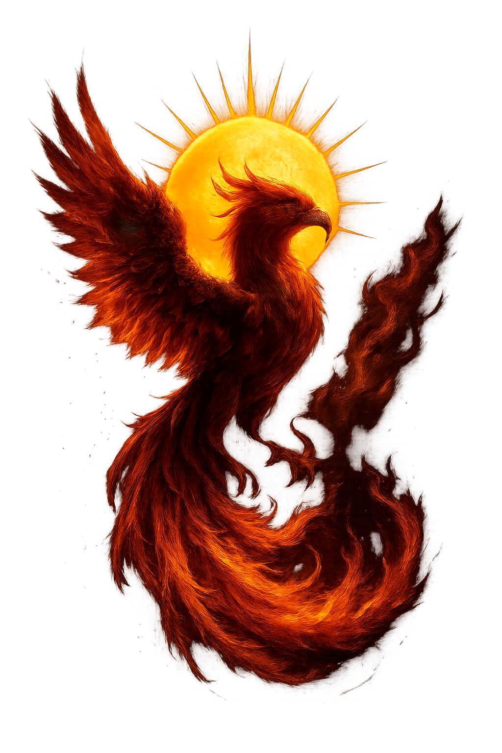A digital artwork of a fiery phoenix with wings spread, standing in front of a large, glowing sun with sun rays radiating outward.