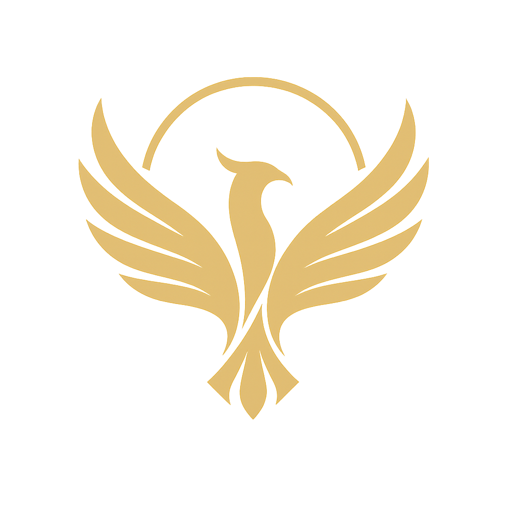 A gold logo featuring a stylized phoenix with outstretched wings and a curved halo above its head, set against a black background.