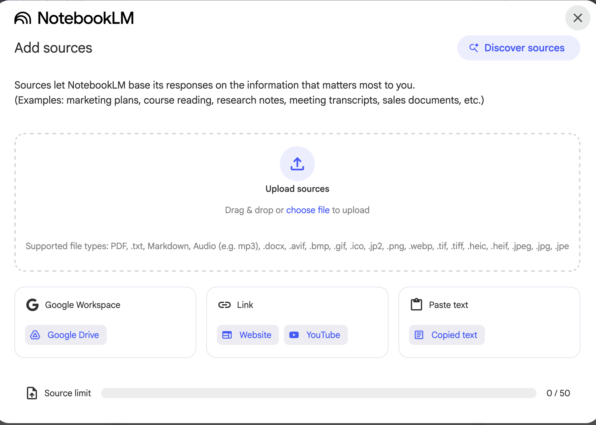 NotebookLM screen to add sources from the web, YouTube, Google Drive, or pasted text