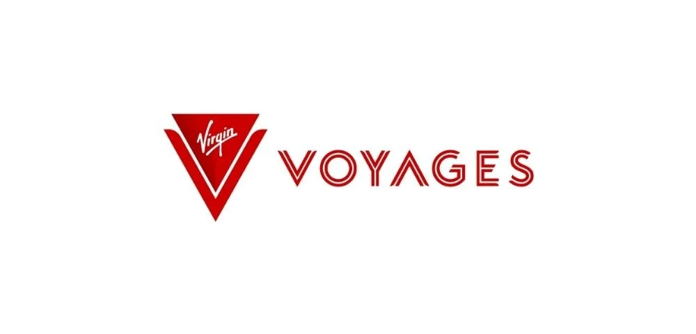 Logo of Virgin Voyages featuring a red stylized 'V' with the word 'Virgin' inside it, and the word 'VOYAGES' in red capital letters.