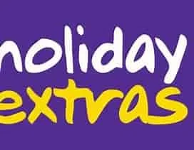 Text on purple background reading 'holiday extras' with 'holiday' in white and 'extras' in yellow