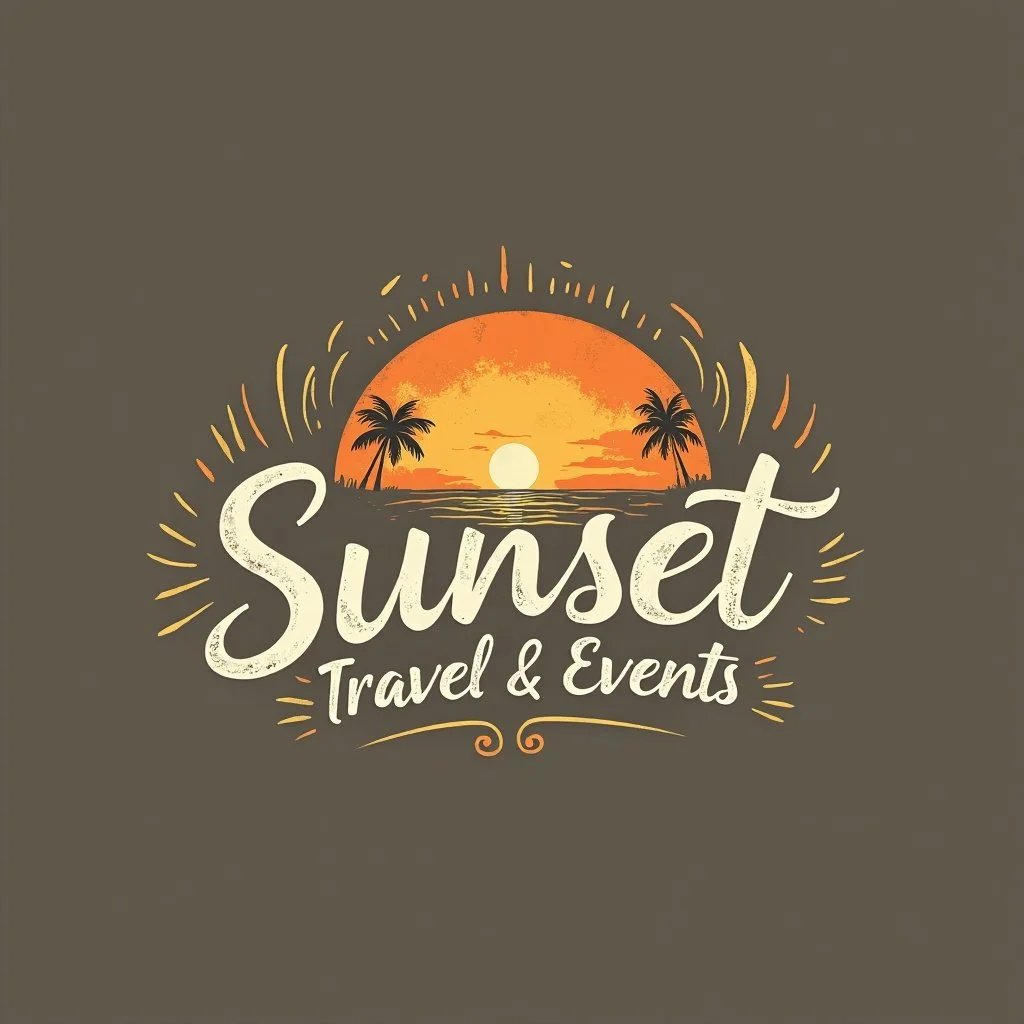 Logo for Sunset Travel & Events with a setting sun, palm trees, and decorative sun rays.