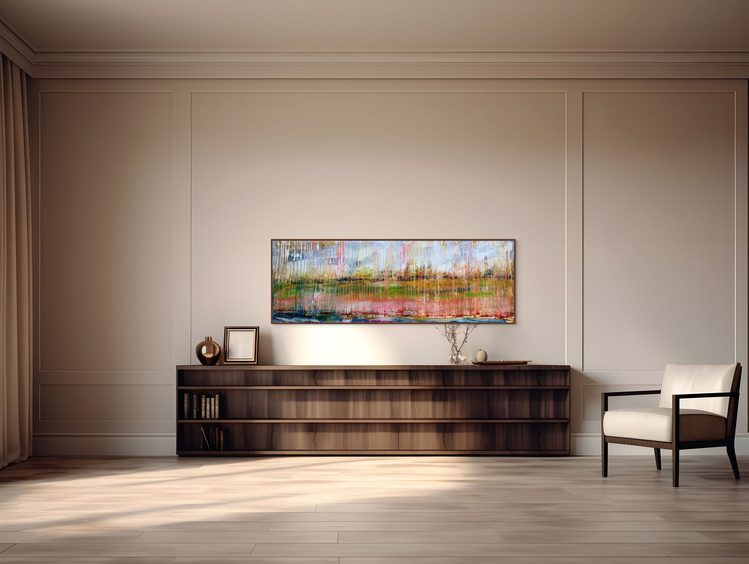 "Micelica" ( 2025) ( 57cmX160cm) (Acrylics,  Mixed Media on Cotton Fabrics)