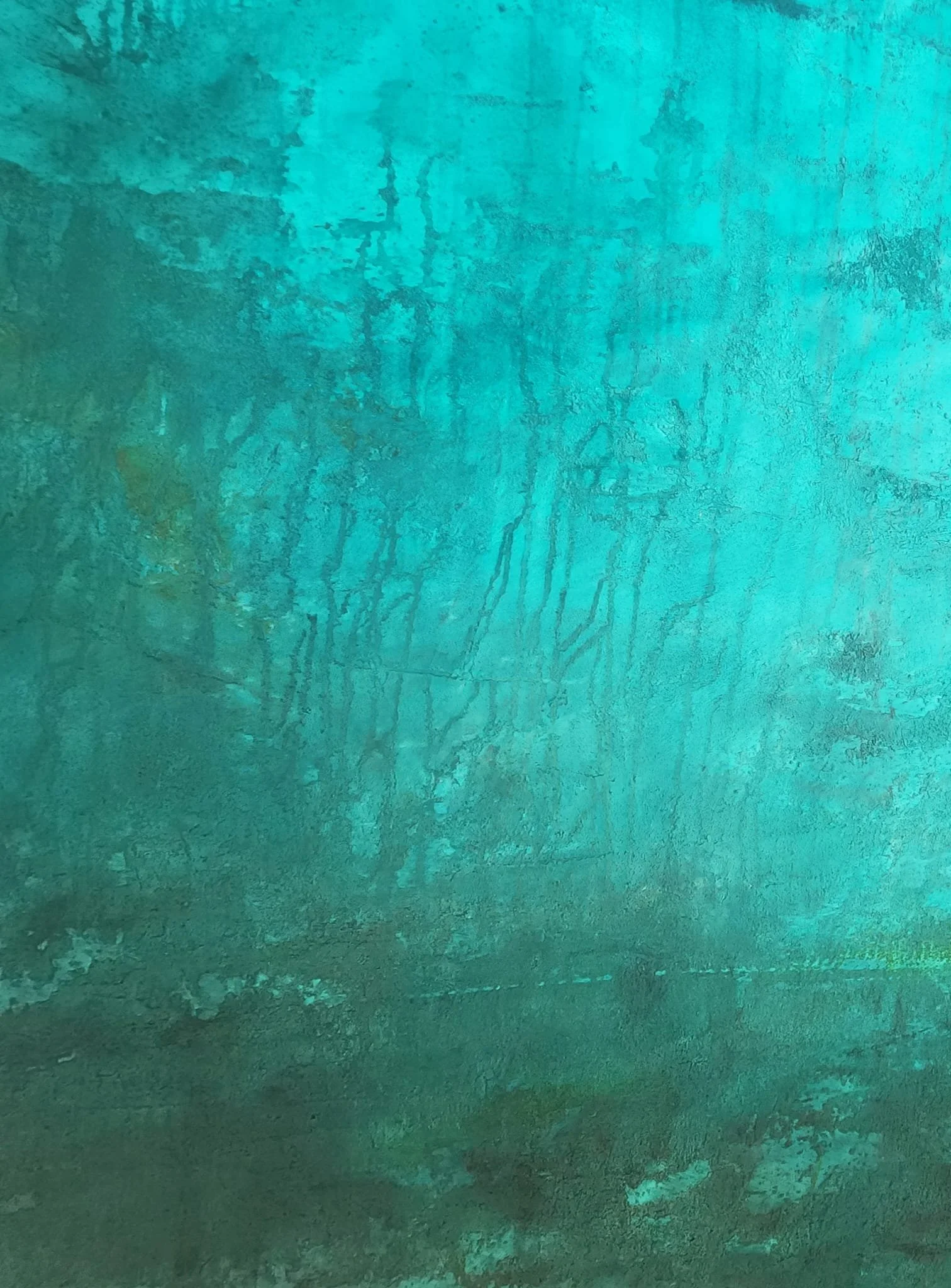 Surface detail of Drift of Mineral Light showing turquoise pigment, layered mineral texture and subtle vertical traces.