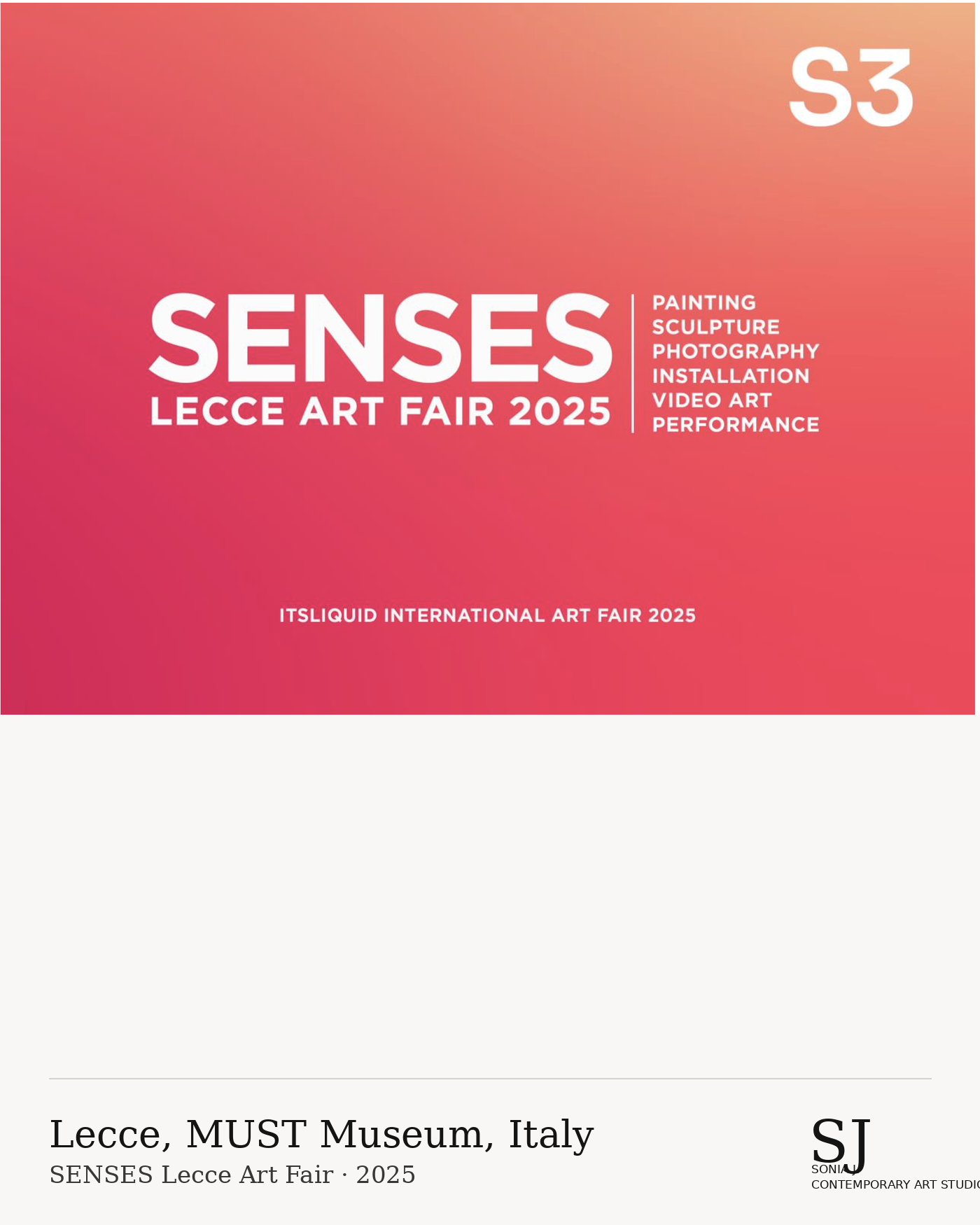 Event poster for SENSES Lecce Art Fair 2025 at the MUST Museum in Lecce, Italy, with a pink and orange gradient background and details about the event including painting, sculpture, photography, installation, video art, and performance.