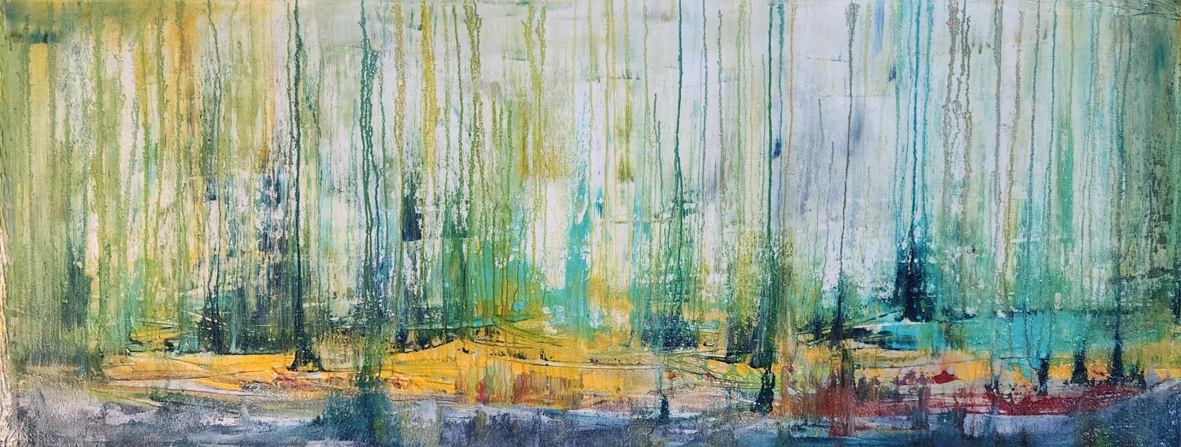 Abstract watercolor painting with vertical streaks in green, yellow, blue, and black colors.