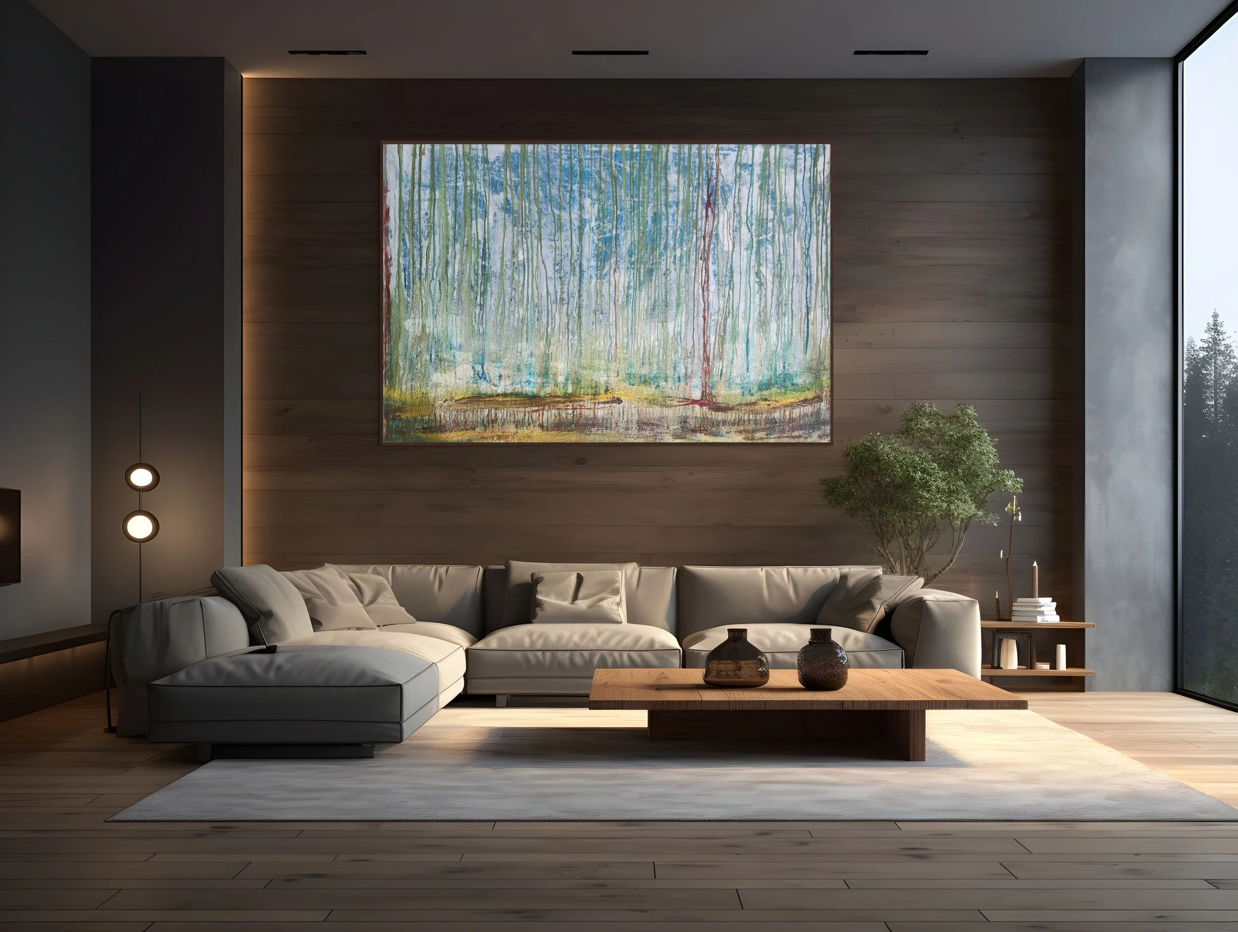 Modern living room with a large white sectional sofa, wooden coffee table, abstract landscape painting on the wall, potted plant, and large window showing outdoor trees.