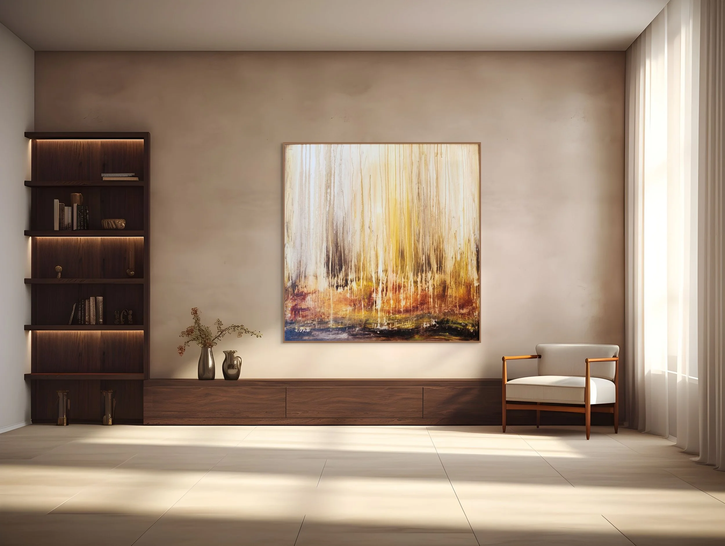 Minimalist living room with large abstract painting, wooden shelves with books and decor, plants in vases, white lounge chair with wooden arms, and sheer curtains.