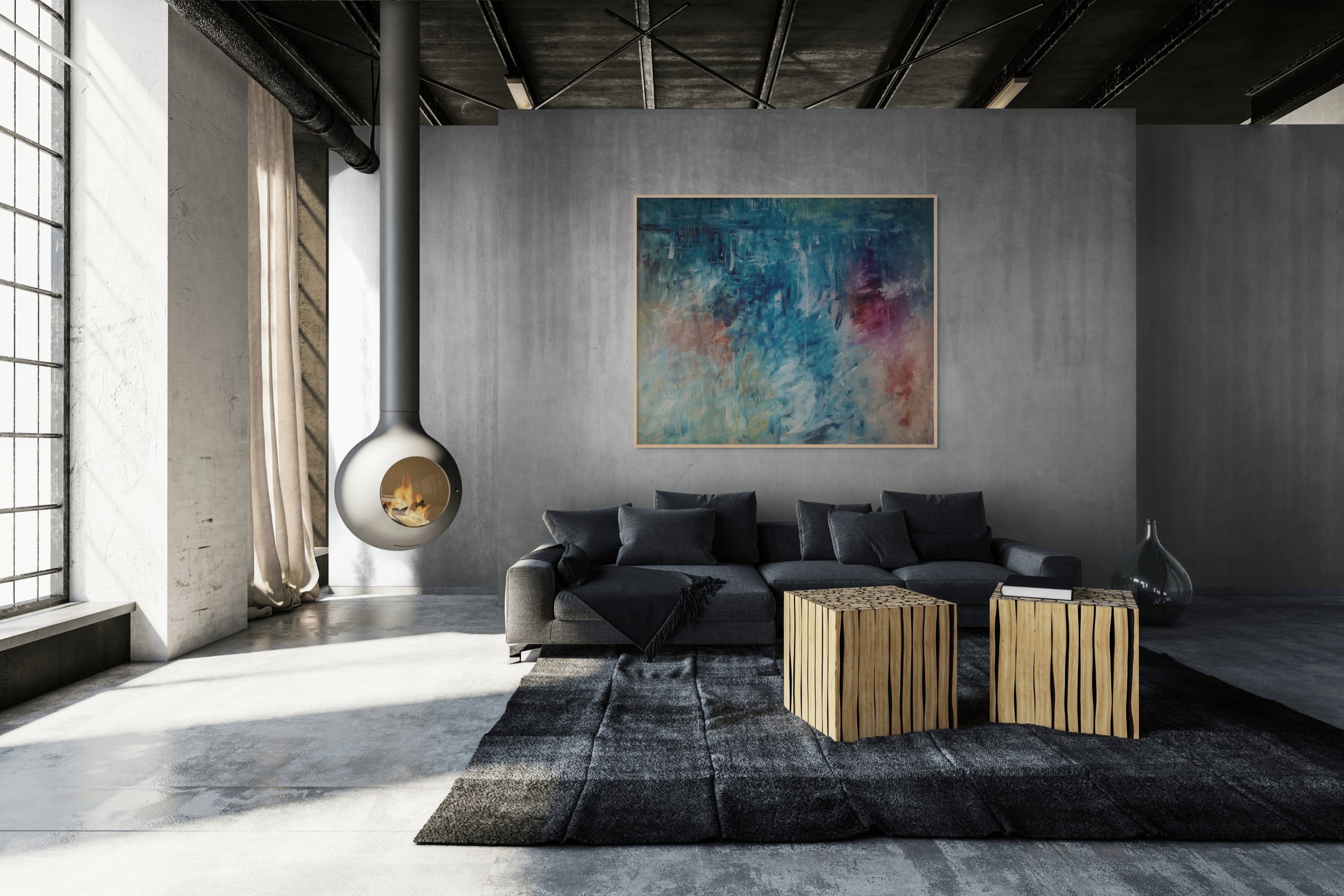 Modern living room with gray sofa, abstract painting on concrete wall, hanging fireplace, large window with curtains, and two wooden side tables on a multicolored rug.