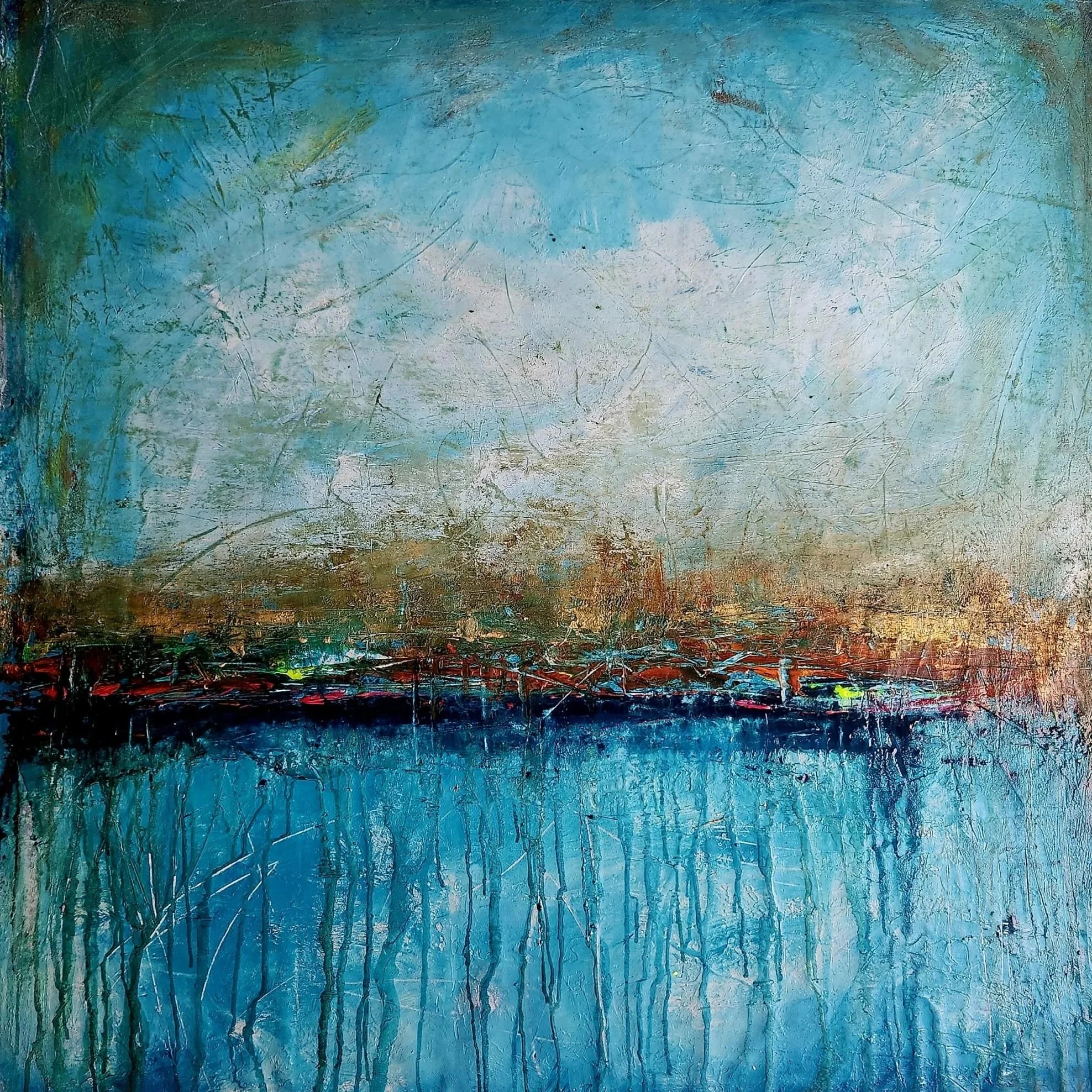 Blue textured abstract painting for hotel