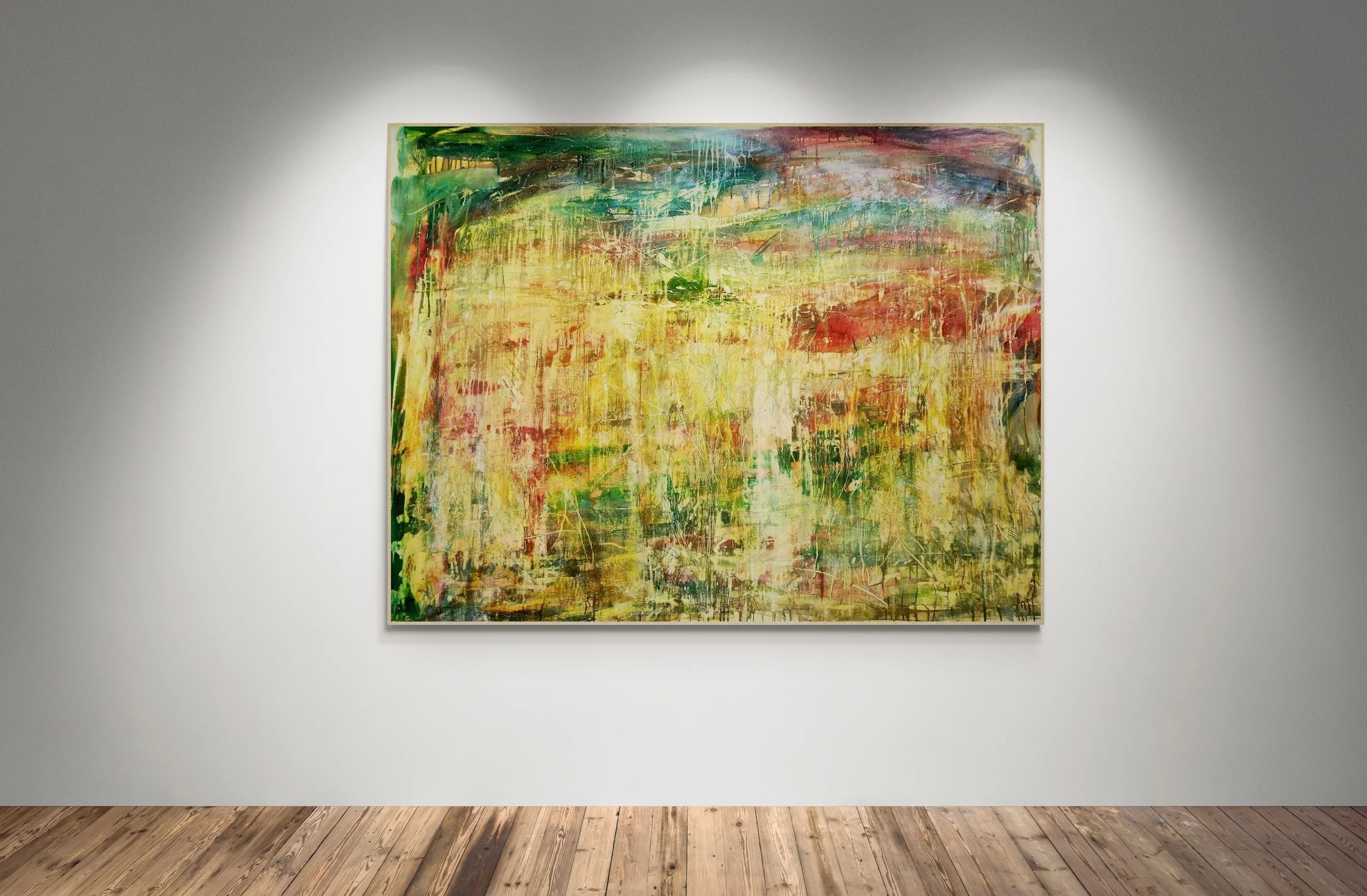 Colorful abstract painting with greens, yellows, reds, and blues on a gallery wall.
