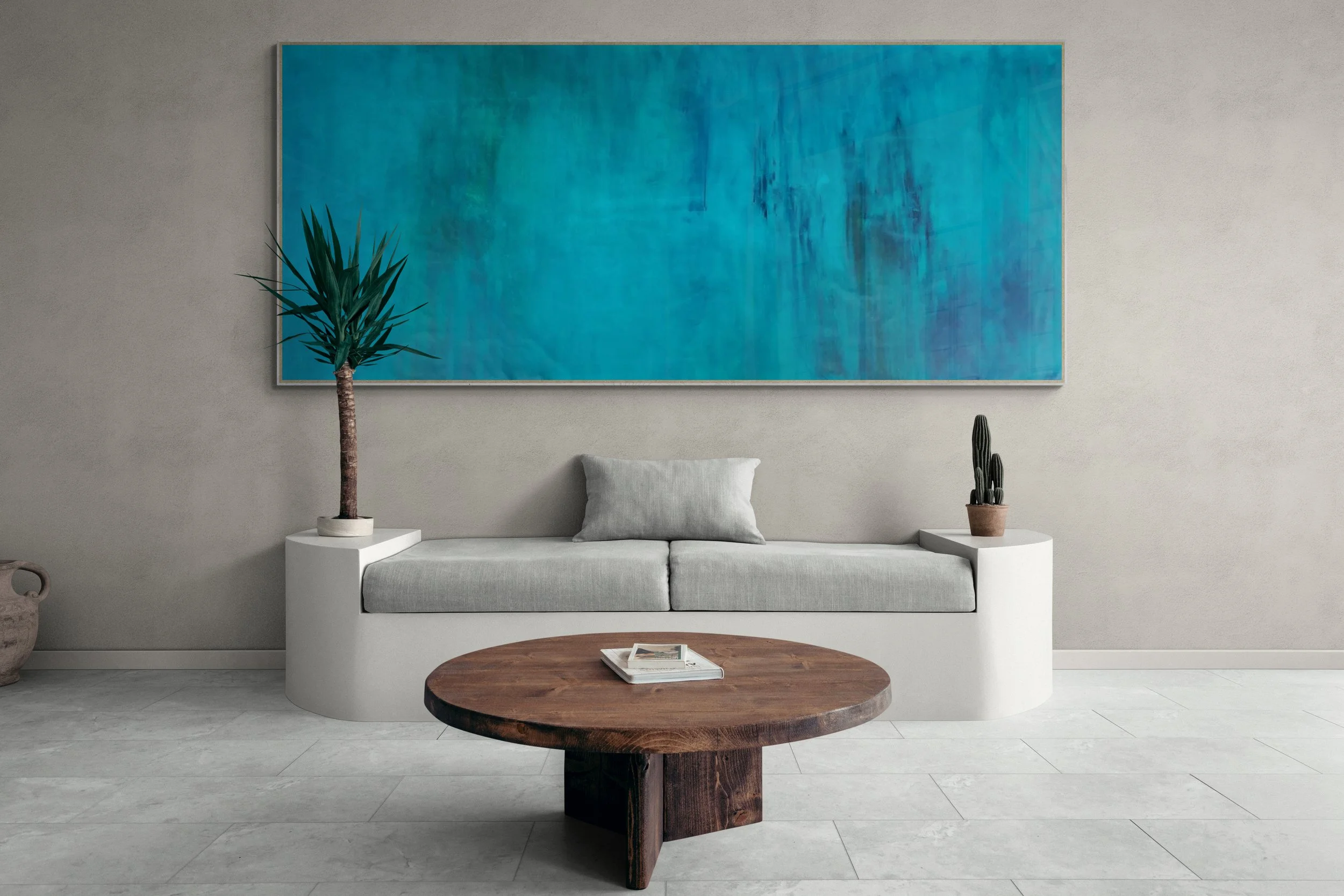 "Acqua Alchemy" (2025) ( 300cmX120cmx4cm)- Acrylics on 100% Cotton Fabric. ( This Work Belongs to Private Collector in Hospitality Industry ( Hotel & Spa) Italy. This is the N3/12  Collection)