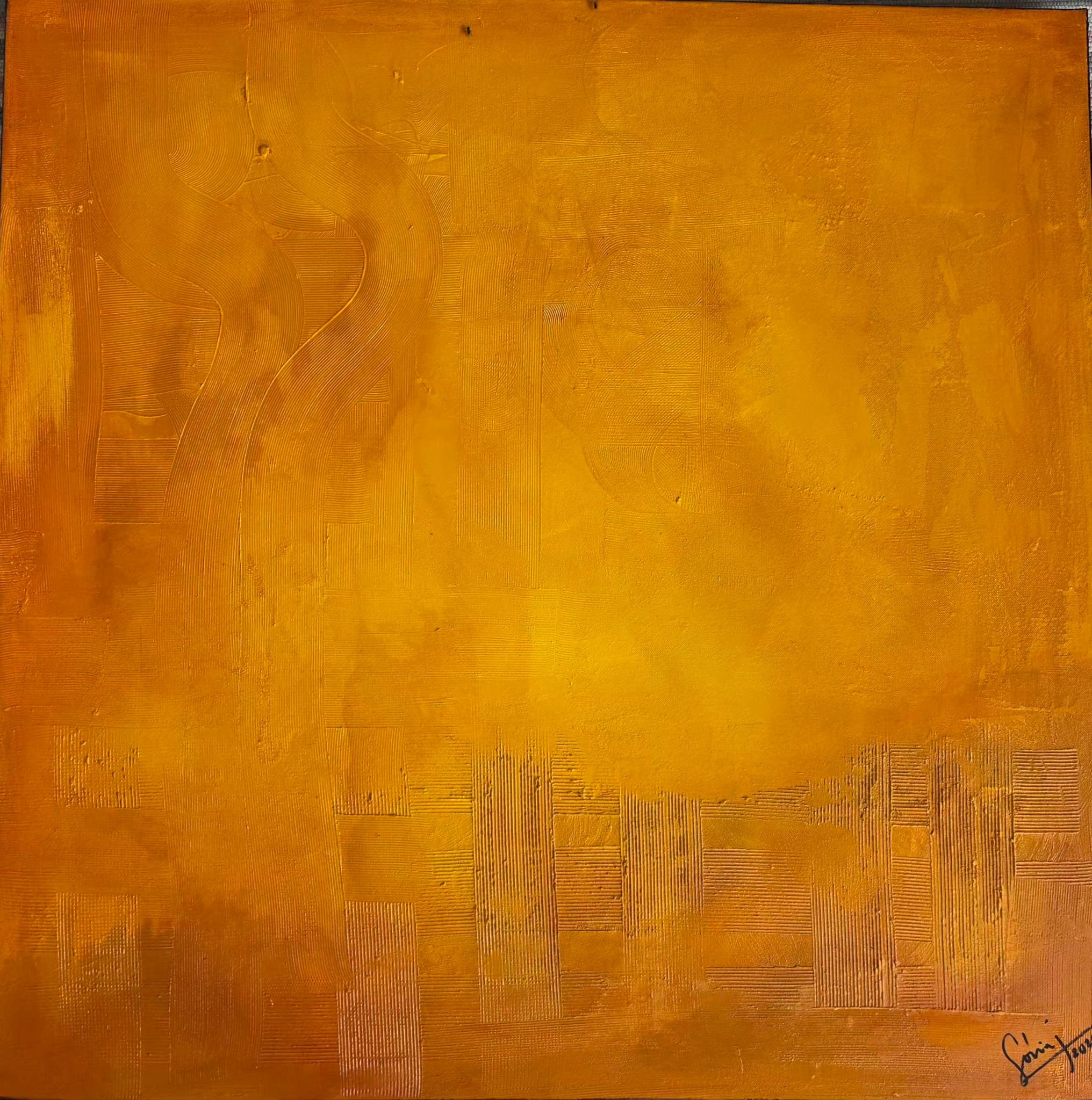 September 2025 Winter & Fall I by Sonia Jeronimo, 2025, 100 × 100 cm Earthy-Atmospheric abstract painting in ochre, mineral earth and atmospheric tones.
