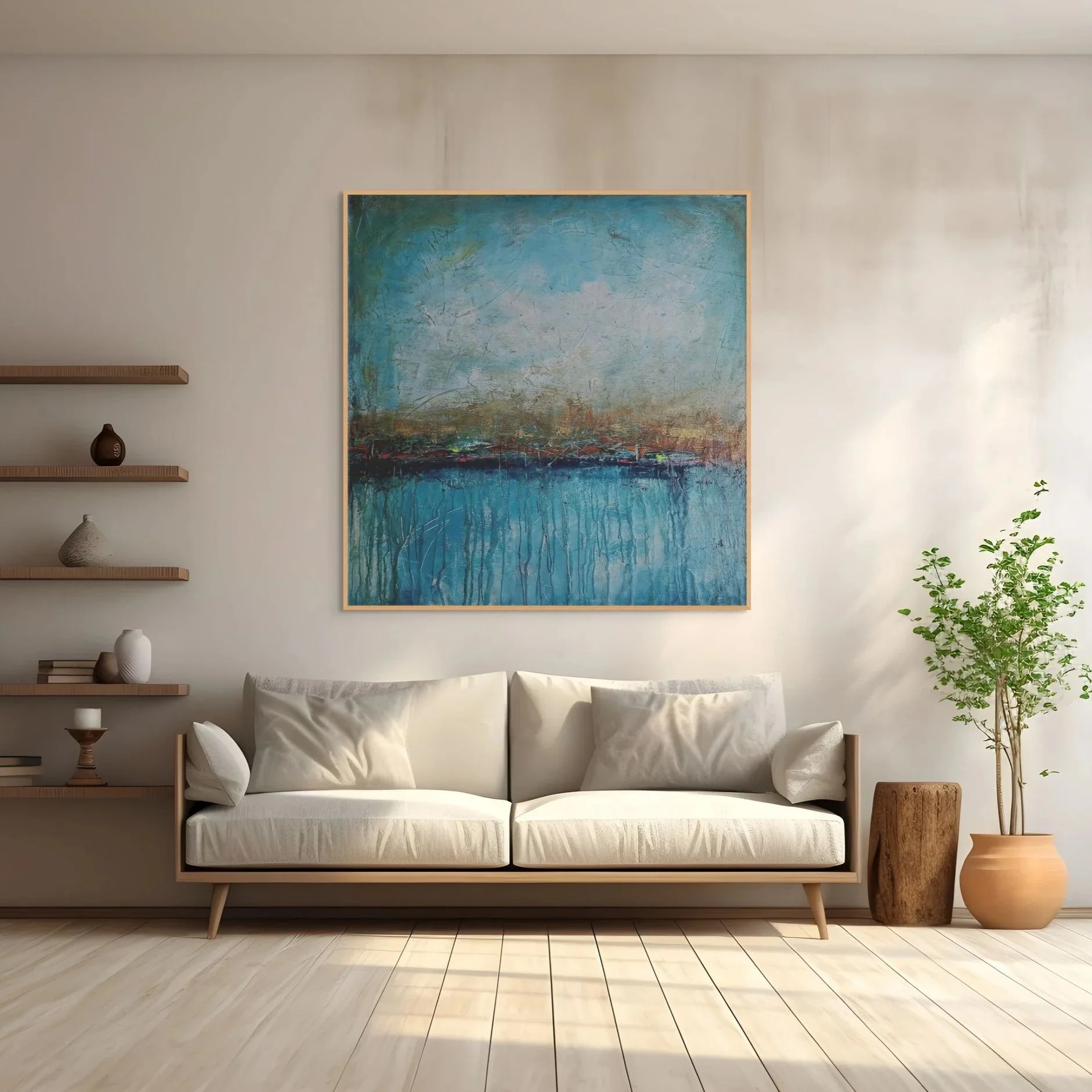 Blue textured abstract painting for hotel